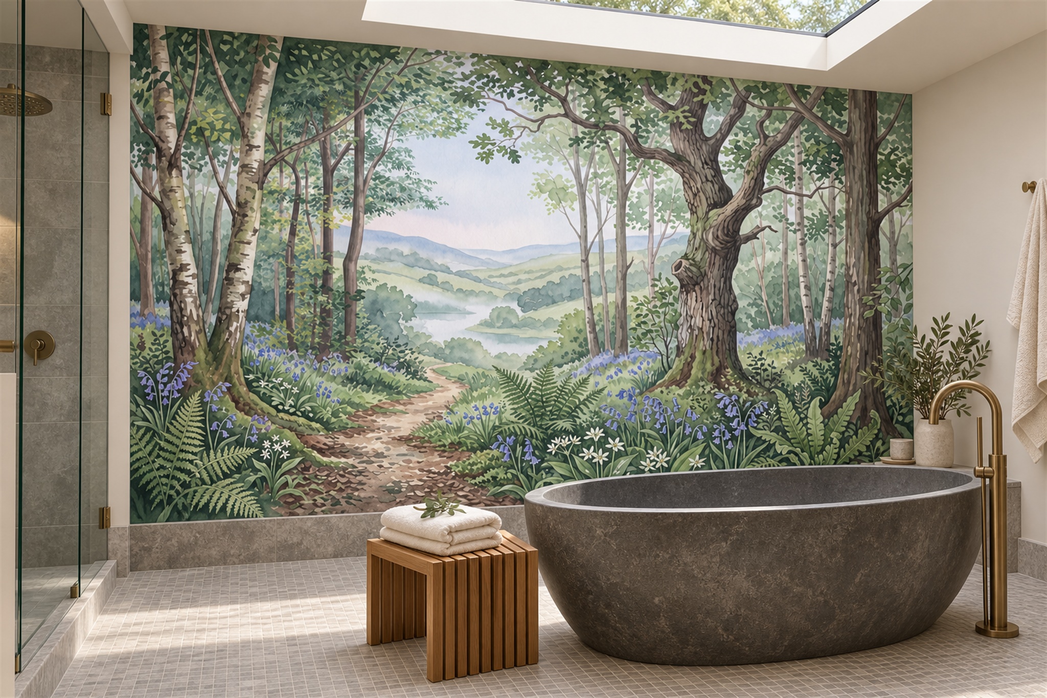 Green Misty Artful Wallpaper Mural Bathroom-wallpaper-murals, Peel-and-stick Finish
