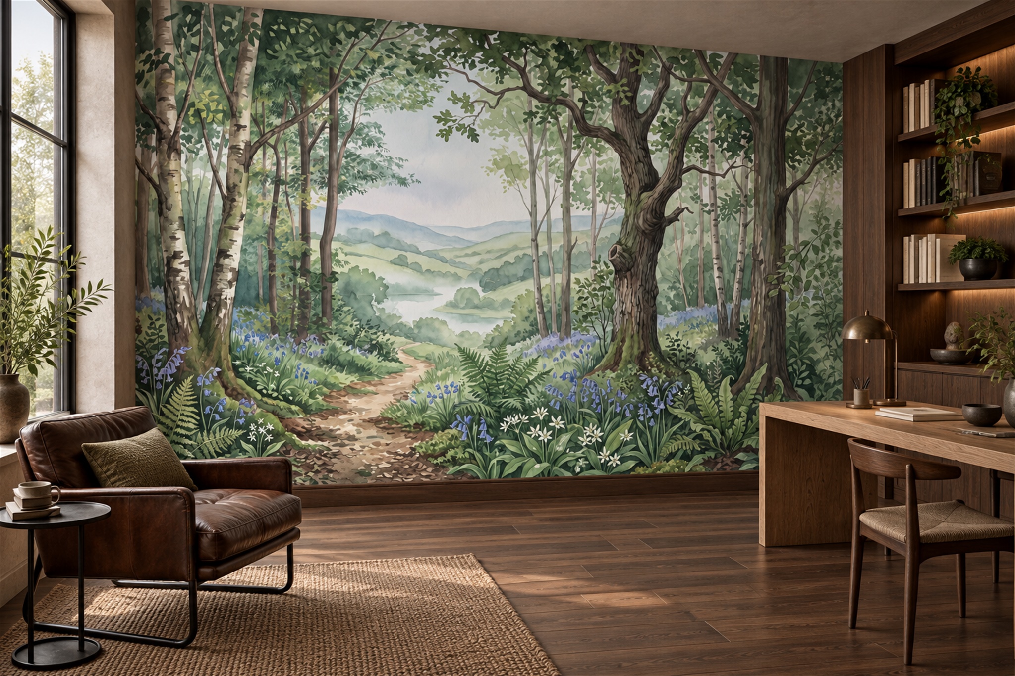Green Woodland Path With Bluebells And Ferns Wallpaper Mural — Wallpaper Mural Design, Peel-and-stick Finish