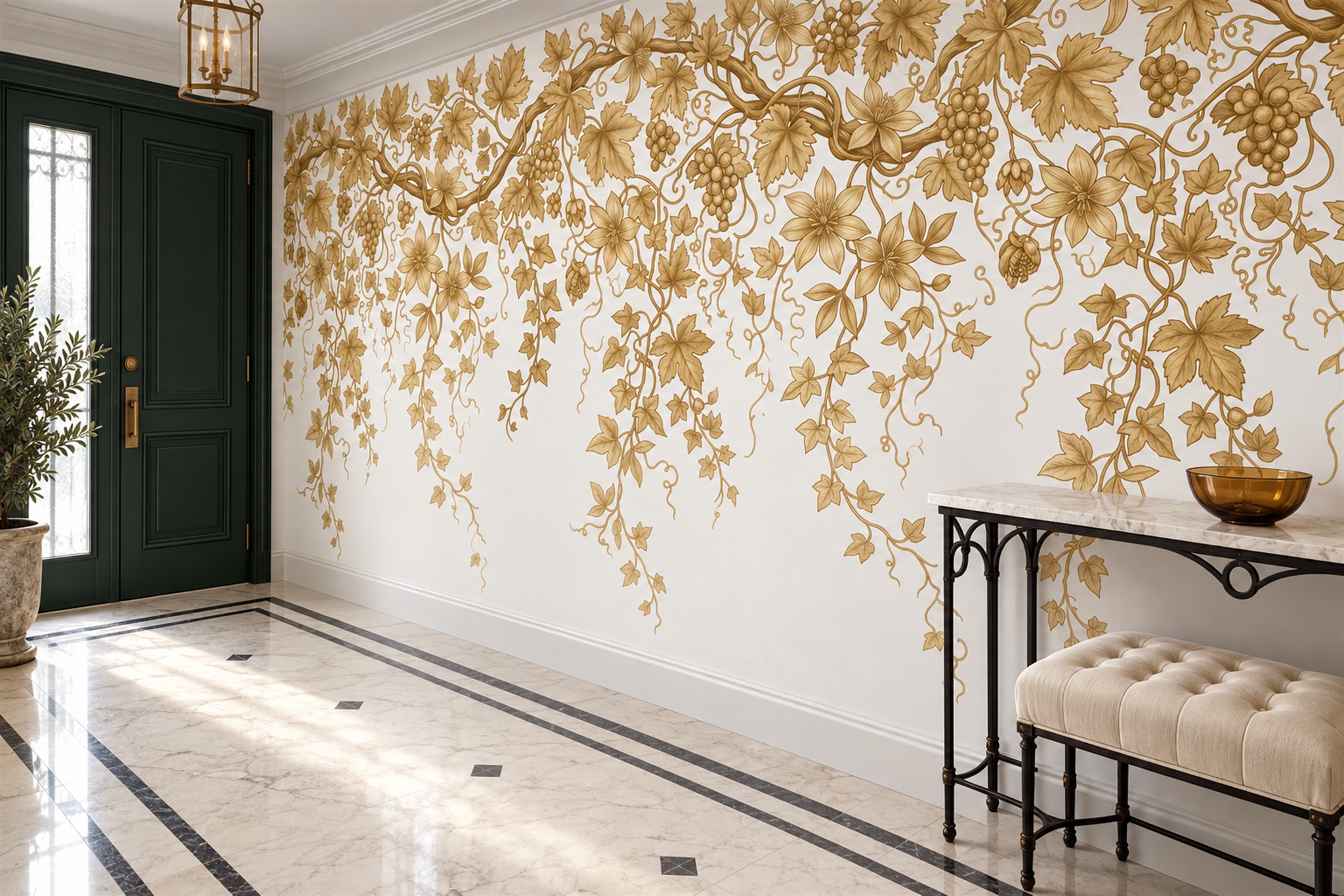 Gold Vine Botanical Wallpaper Mural Entryway-wallpaper-murals, Peel-and-stick Finish