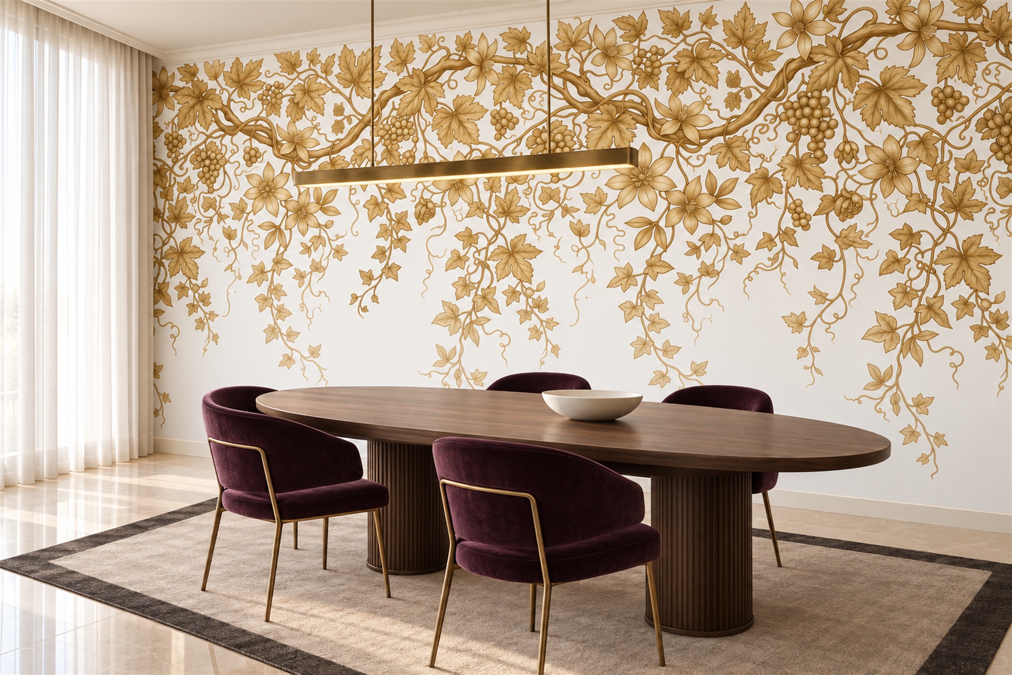 Gold Vine Botanical Wallpaper Mural Dining-room-wallpaper-murals, Shown In A Dining Room, Peel-and-stick Finish