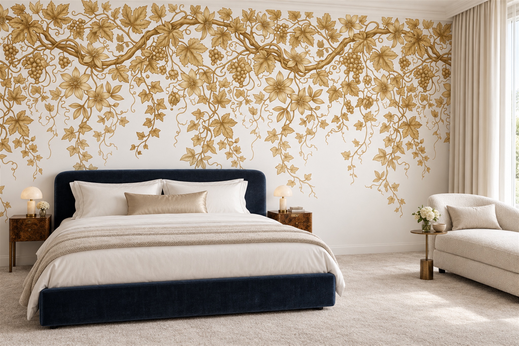 Golden Vines, Leaves And Grapes On Ivory Wallpaper Mural — Installed Wallpaper Mural In A Bedroom, Peel-and-stick Finish