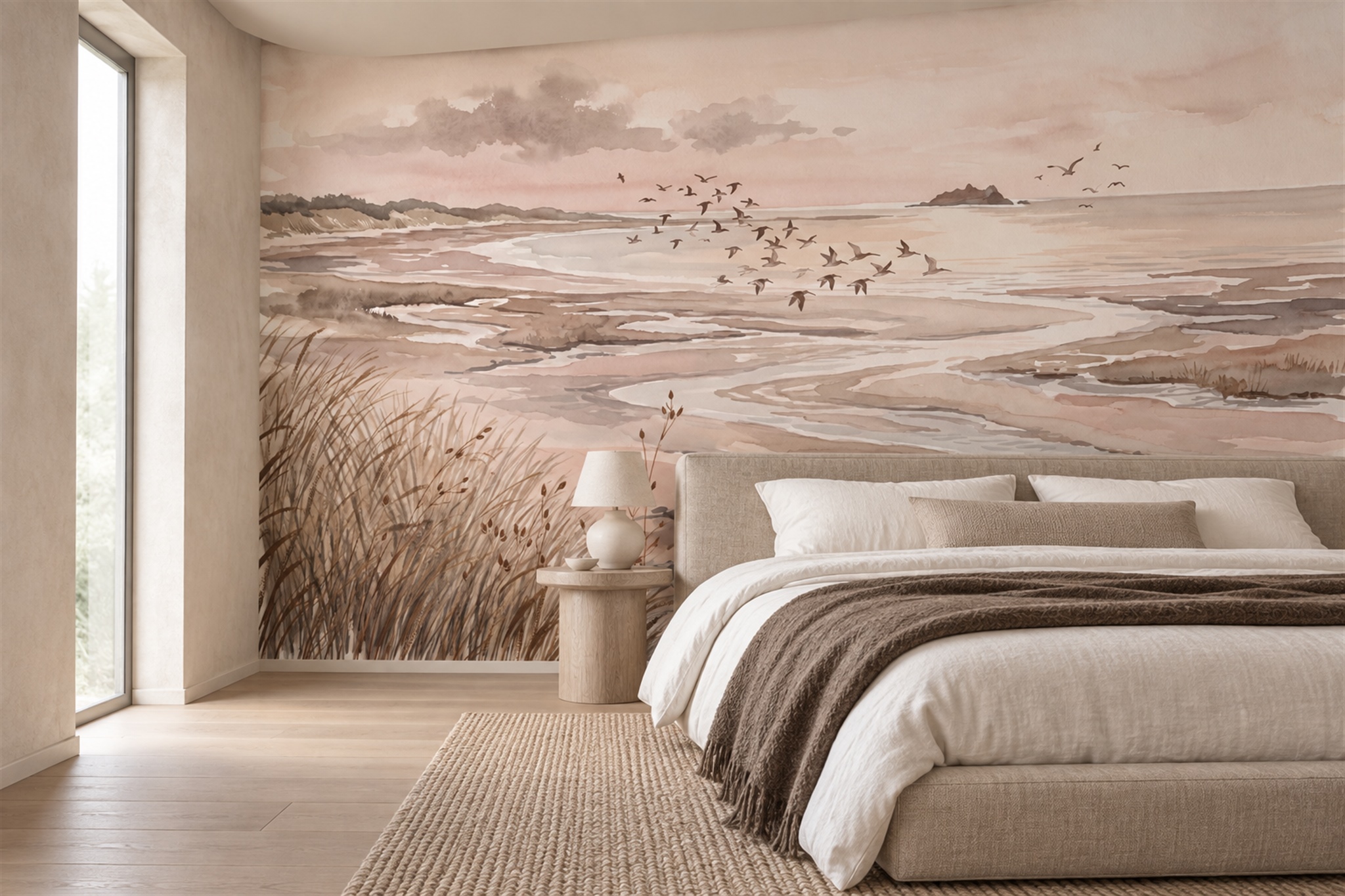 Blush Coastal Marsh With Flying Birds Wallpaper Mural — Installed Wallpaper Mural In A Bedroom, Peel-and-stick Finish