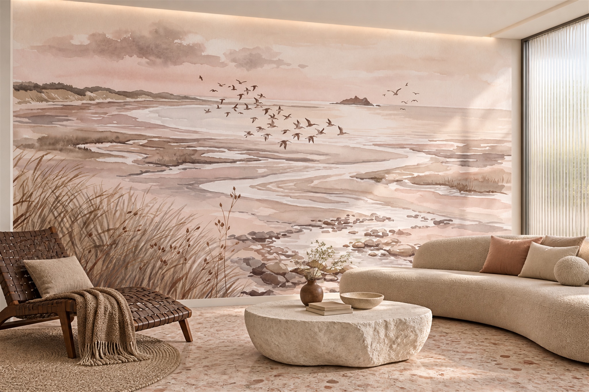 Taupe Coastal Scenic Wallpaper Mural, Peel-and-stick Finish