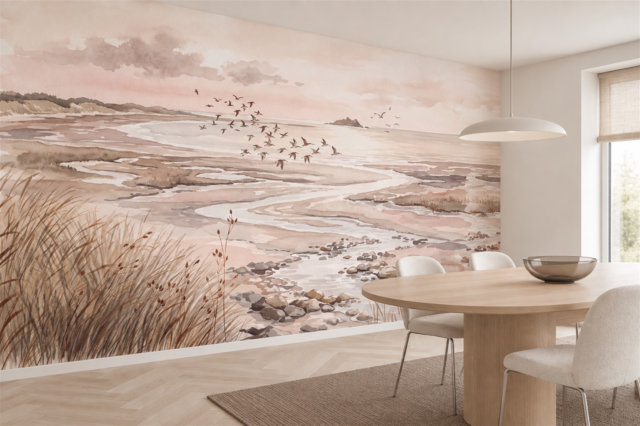Taupe Coastal Scenic Wallpaper Mural Dining-room-wallpaper-murals, Shown In A Dining Room, Peel-and-stick Finish