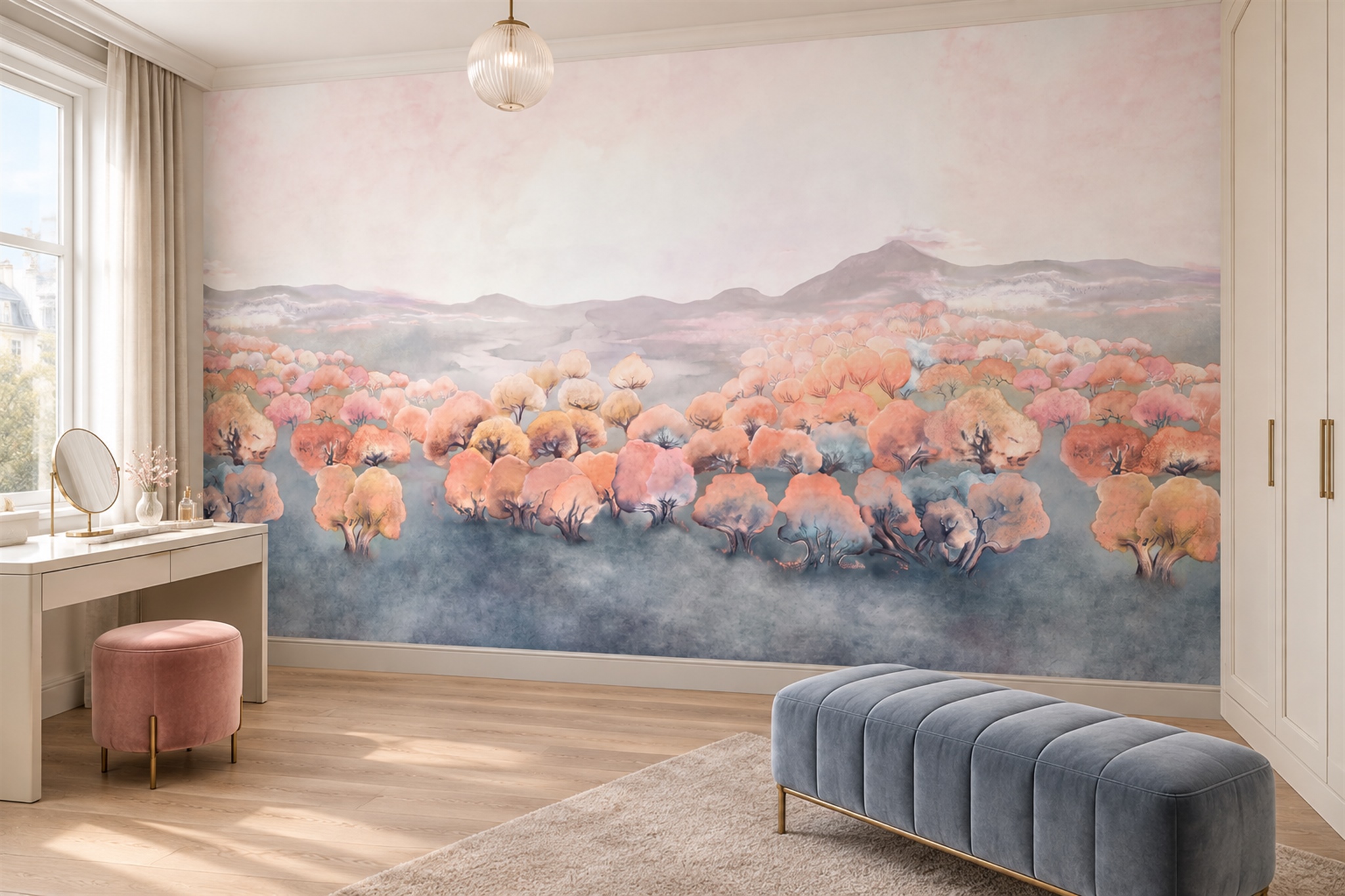 Peach Trees Scenic Wallpaper Mural Accent-wall-wallpaper-murals, Peel-and-stick Finish