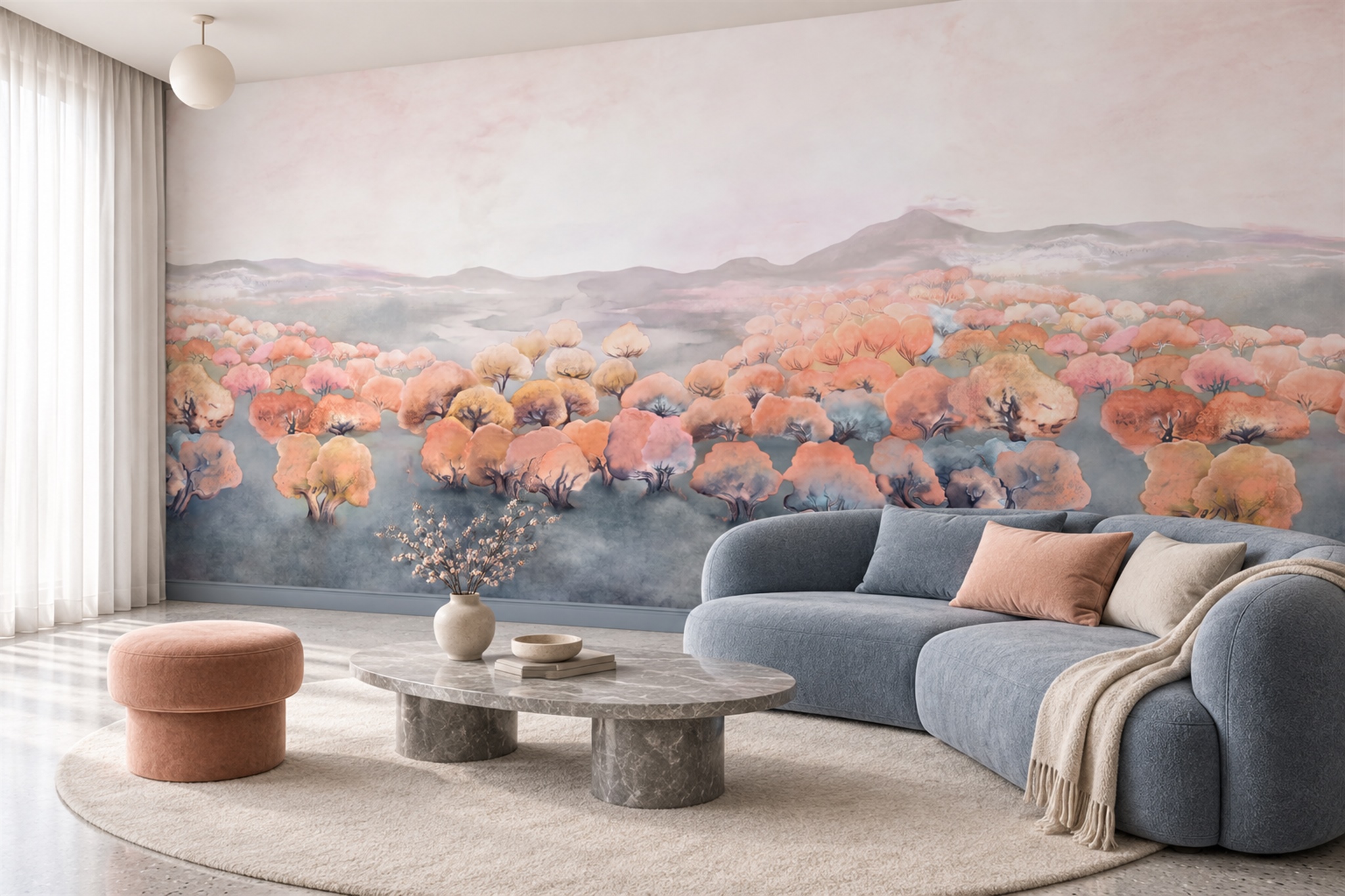 Peach Trees Scenic Wallpaper Mural Living-room-wallpaper-murals, Shown In A Living Room, Peel-and-stick Finish