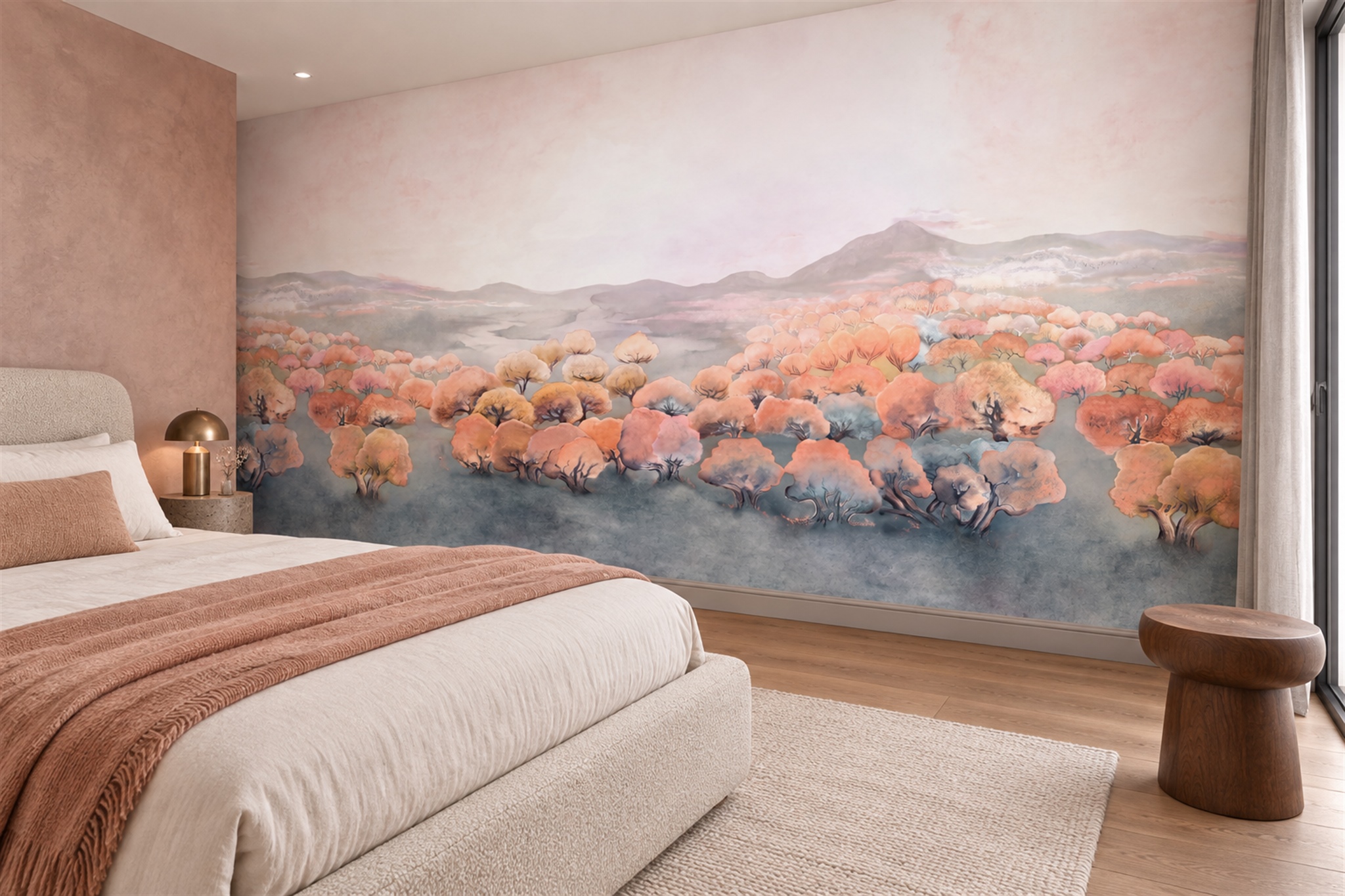 Peach-toned Trees Above Misty Blue Hills Wallpaper Mural — Installed Wallpaper Mural In A Bedroom, Peel-and-stick Finish