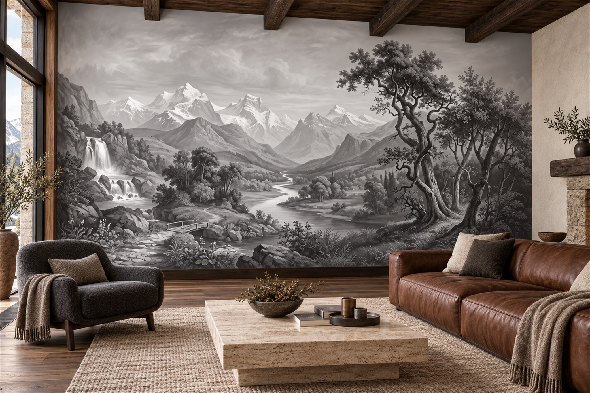 Monochrome Mountain Valley, River And Waterfalls Wallpaper Mural — Wallpaper Mural Design, Peel-and-stick Finish