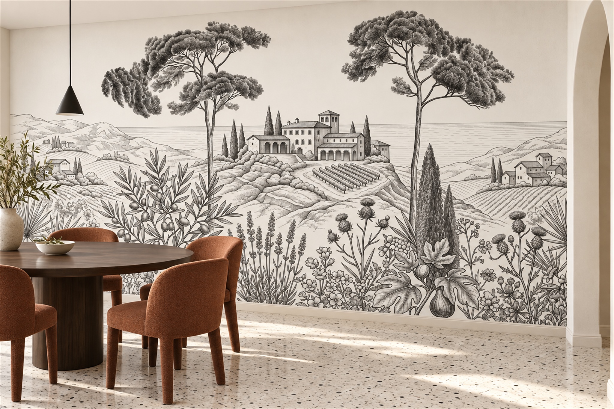 Monochrome Villa And Cypress Country Landscape Wallpaper Mural — Wallpaper Mural Design, Peel-and-stick Finish