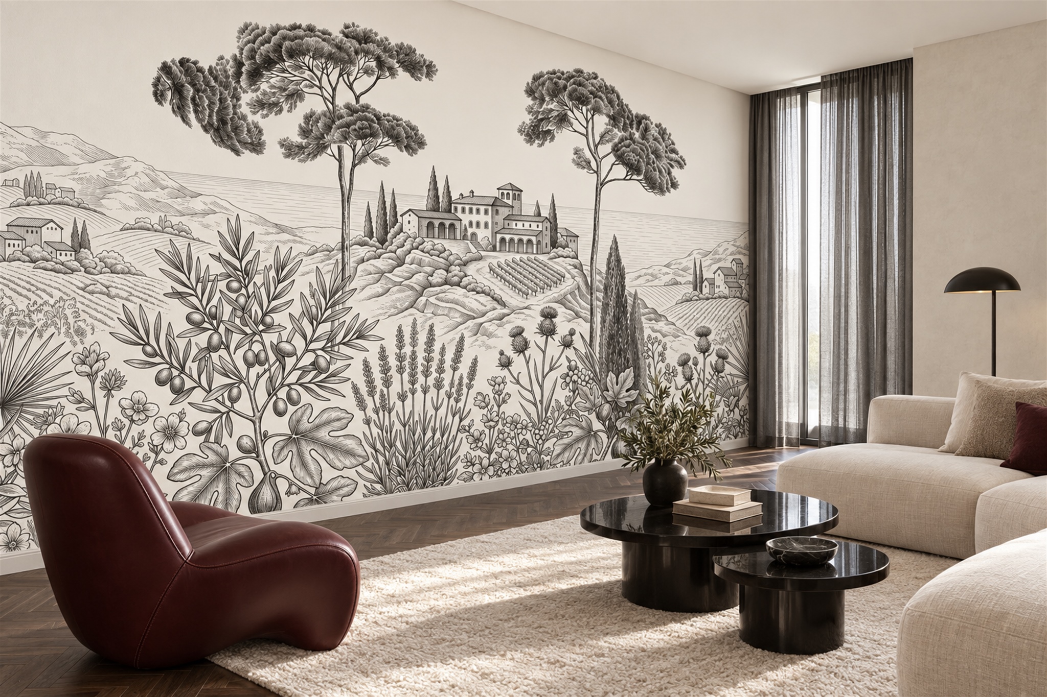 Grey Pattern Decorative Abstract Wallpaper Mural Living-room-wallpaper-murals, Shown In A Living Room, Peel-and-stick Finish
