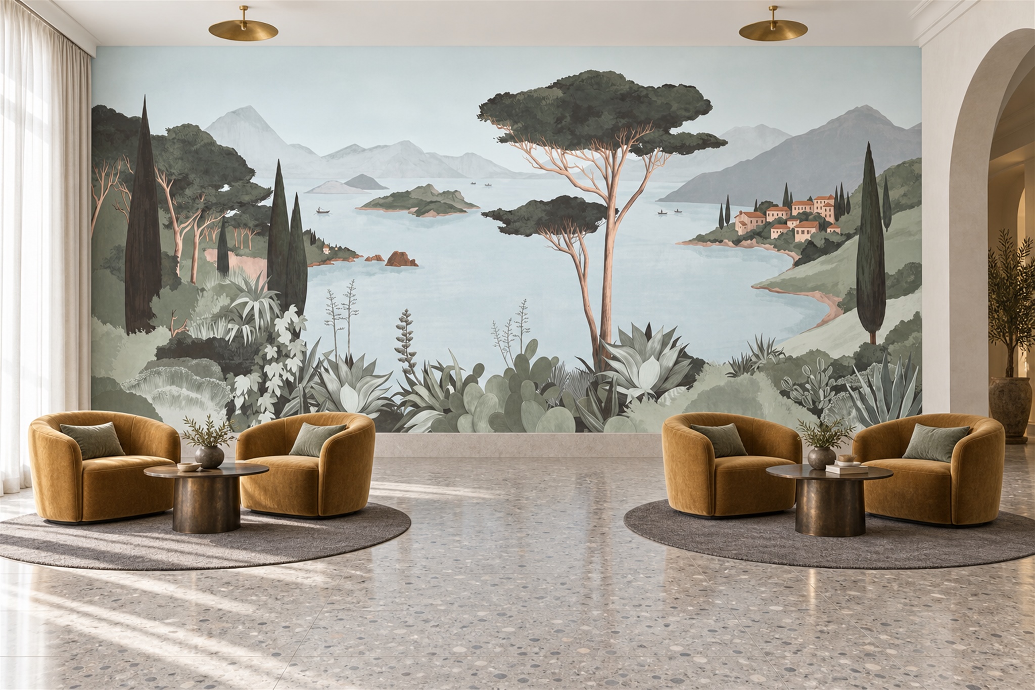 Sage Mediterranean Lake, Islands And Coastal Trees Wallpaper Mural — Wallpaper Mural Design, Peel-and-stick Finish