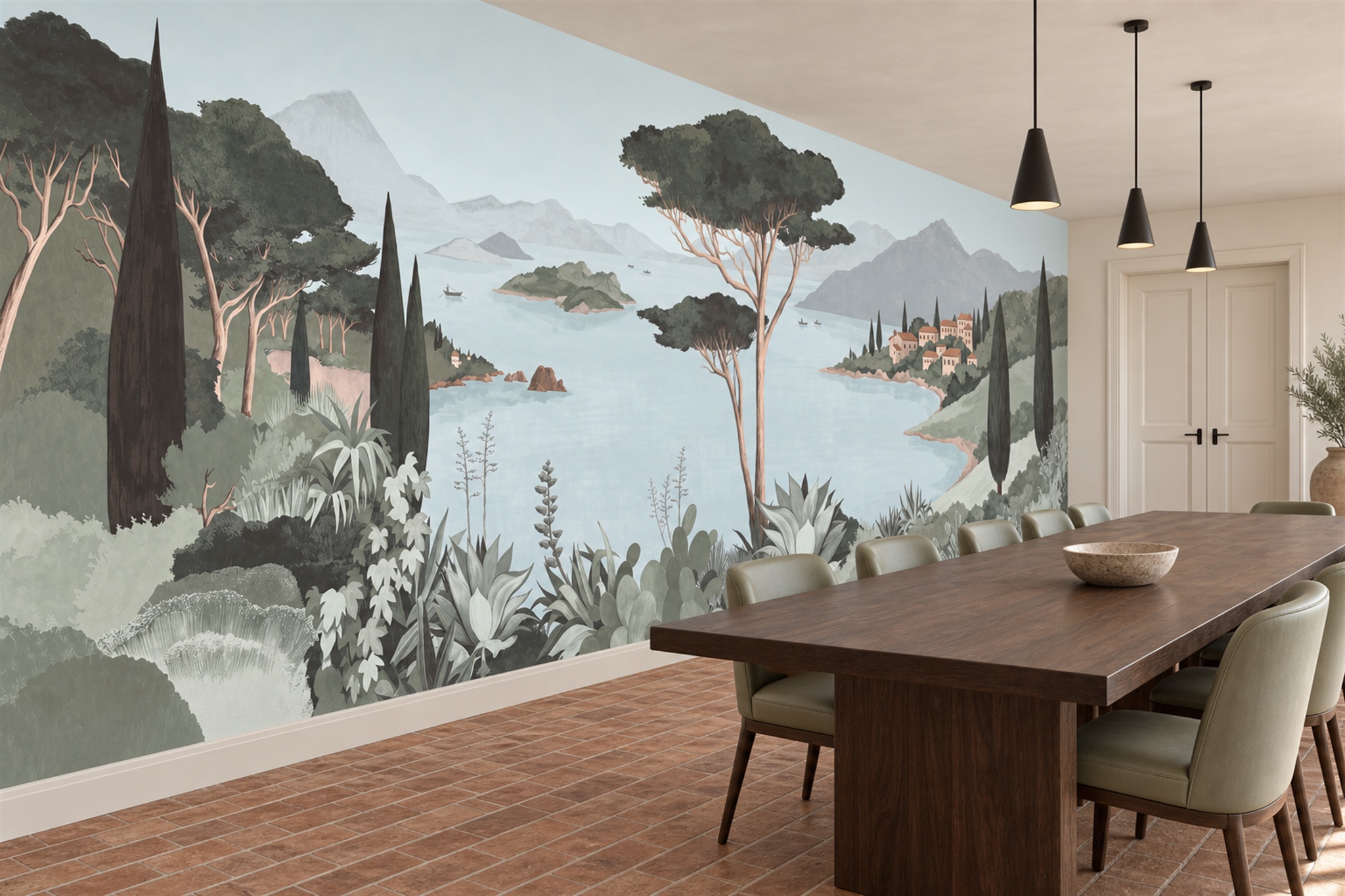 Sage Scenic Scenic Lake Wallpaper Mural Dining-room-wallpaper-murals, Shown In A Dining Room, Peel-and-stick Finish