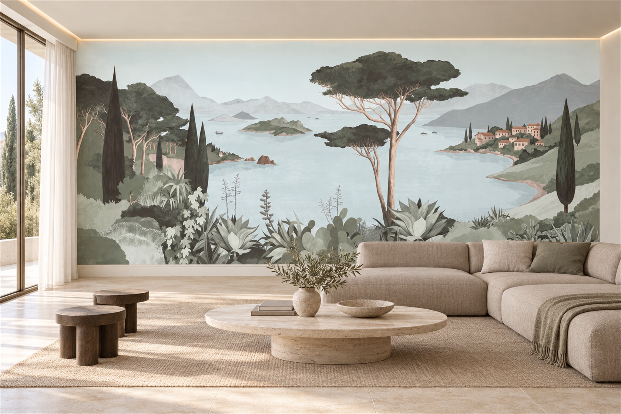 Sage Scenic Scenic Lake Wallpaper Mural Feature-wall-wallpaper-murals, Peel-and-stick Finish