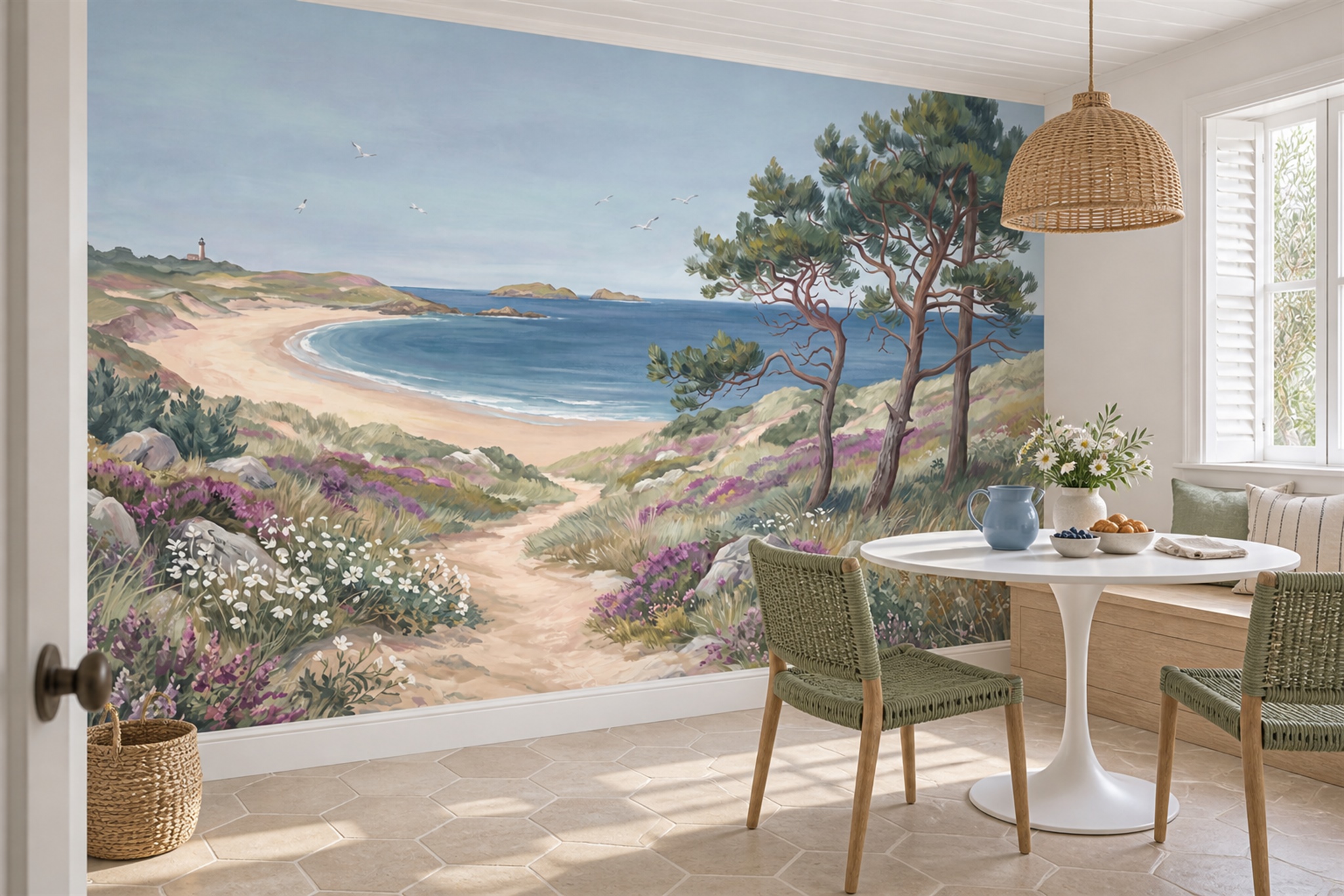Blue Coastal Scenic Wallpaper Mural Dining-room-wallpaper-murals, Shown In A Dining Room, Peel-and-stick Finish