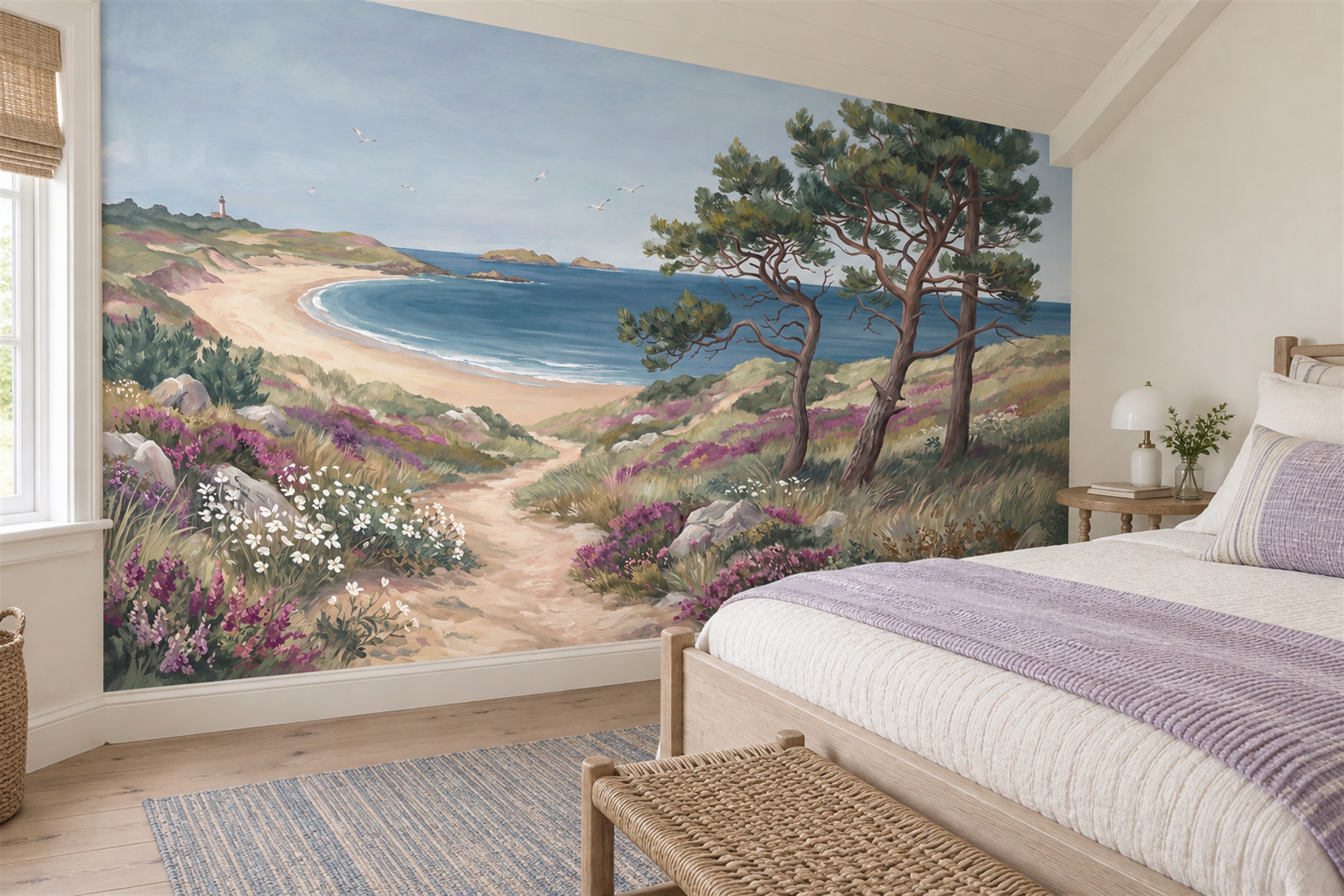 Blue Coastal Path To A Sandy Bay And Lighthouse Wallpaper Mural — Installed Wallpaper Mural In A Bedroom, Peel-and-stick Finish
