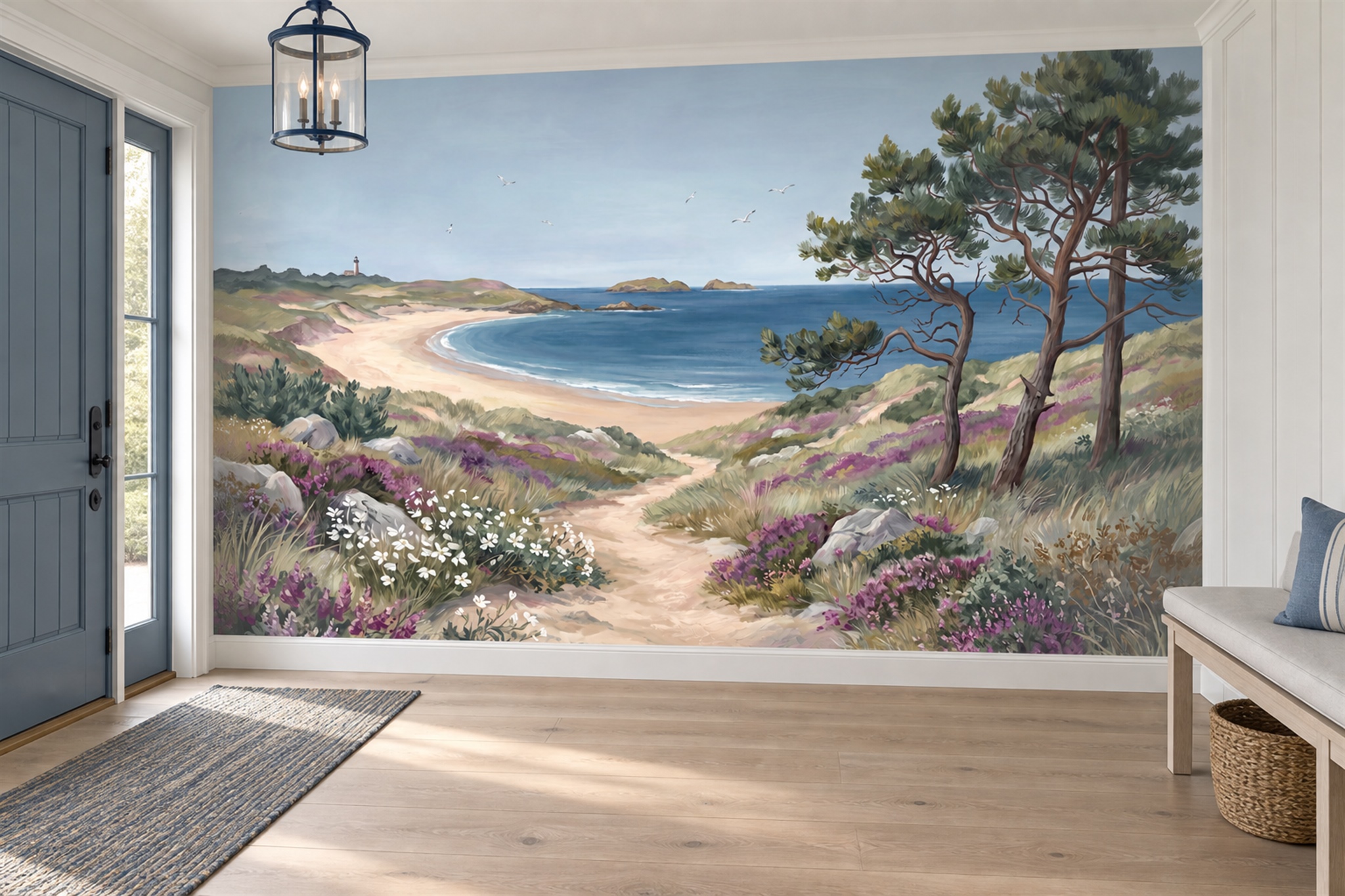 Blue Coastal Scenic Wallpaper Mural Bedroom-wallpaper-murals, Peel-and-stick Finish
