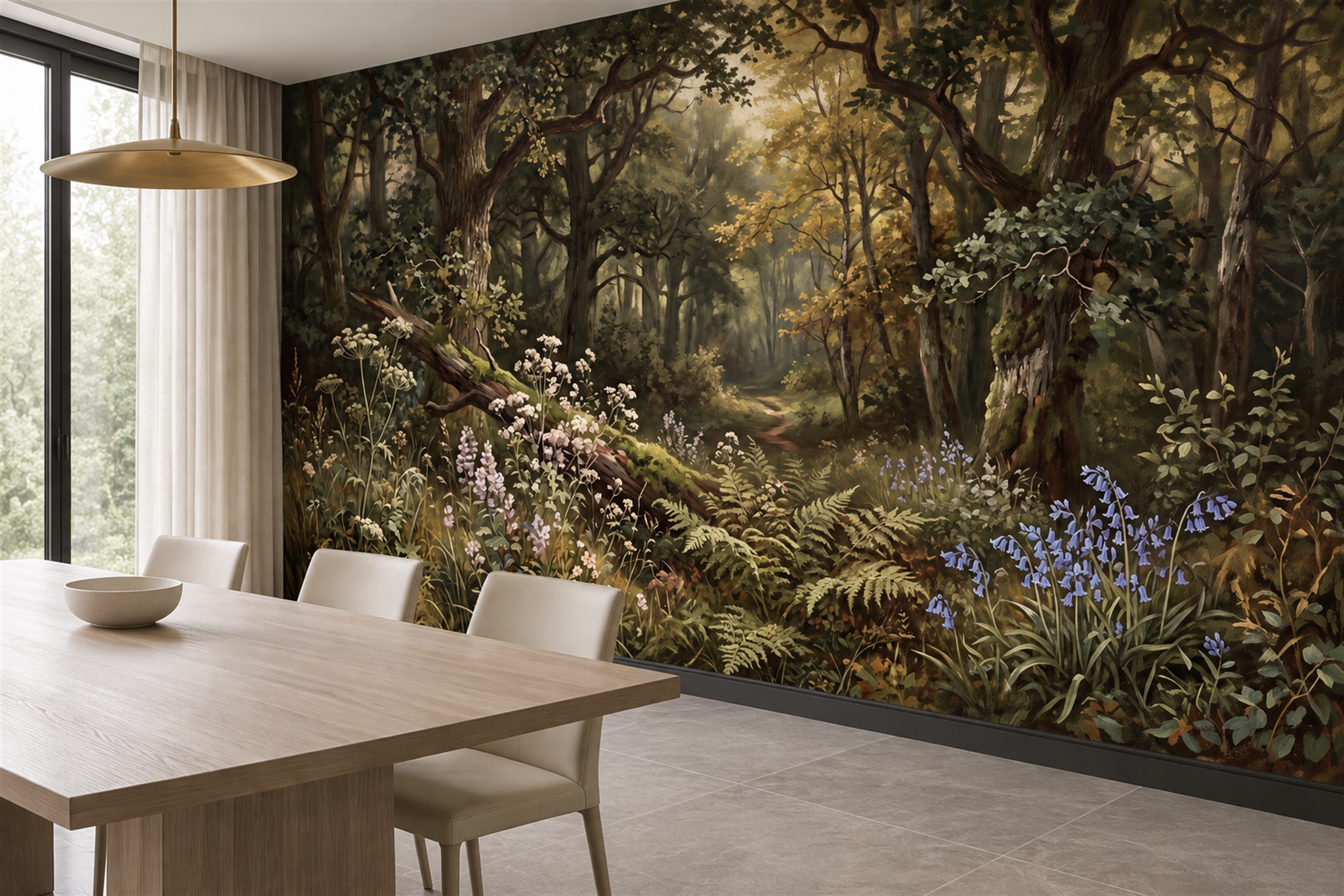 Sunlit Woodland Fern Path Wallpaper Mural — Wallpaper Mural Design, Peel-and-stick Finish