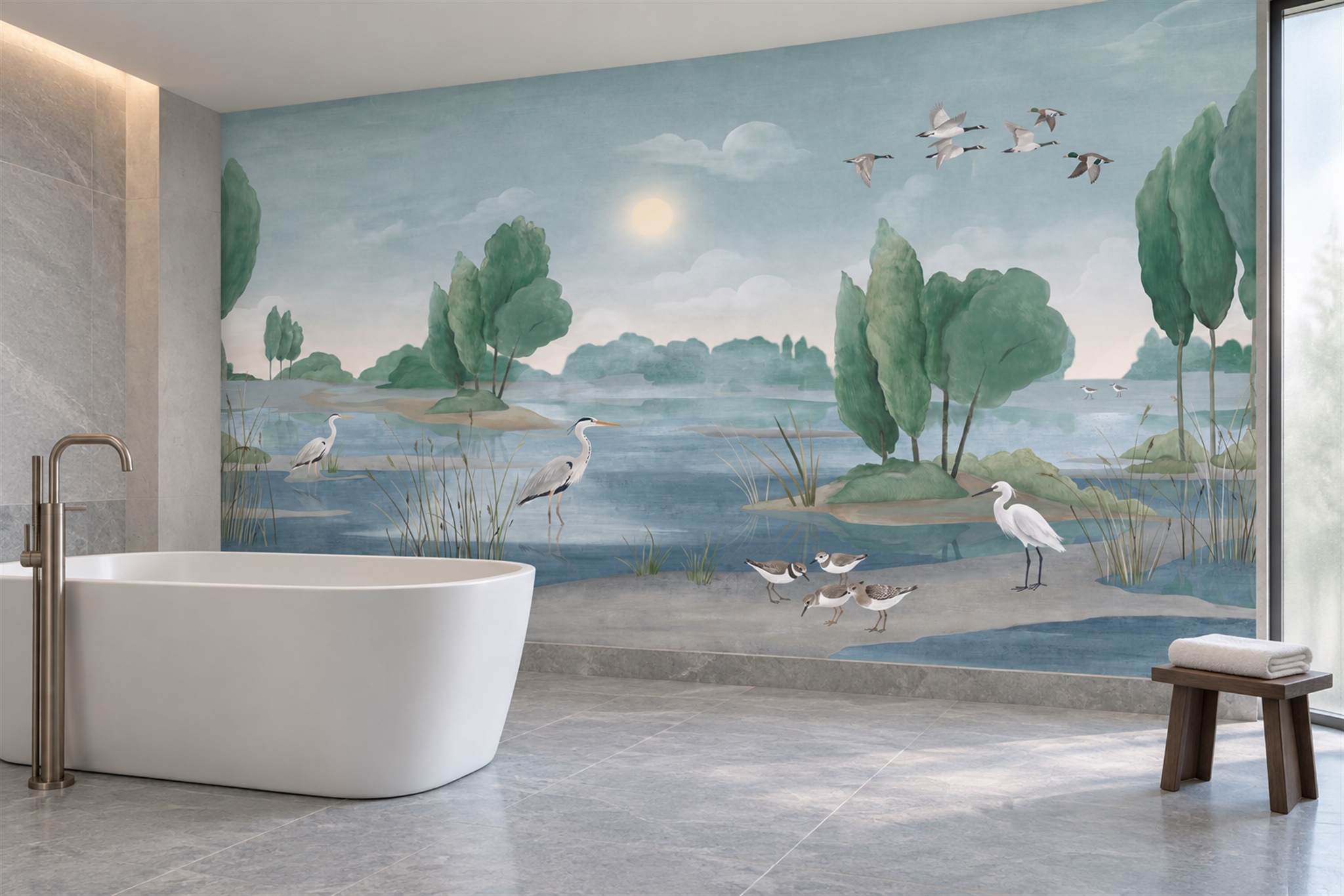 Aqua Heron Illustrated Wallpaper Mural Bathroom-wallpaper-murals, Peel-and-stick Finish