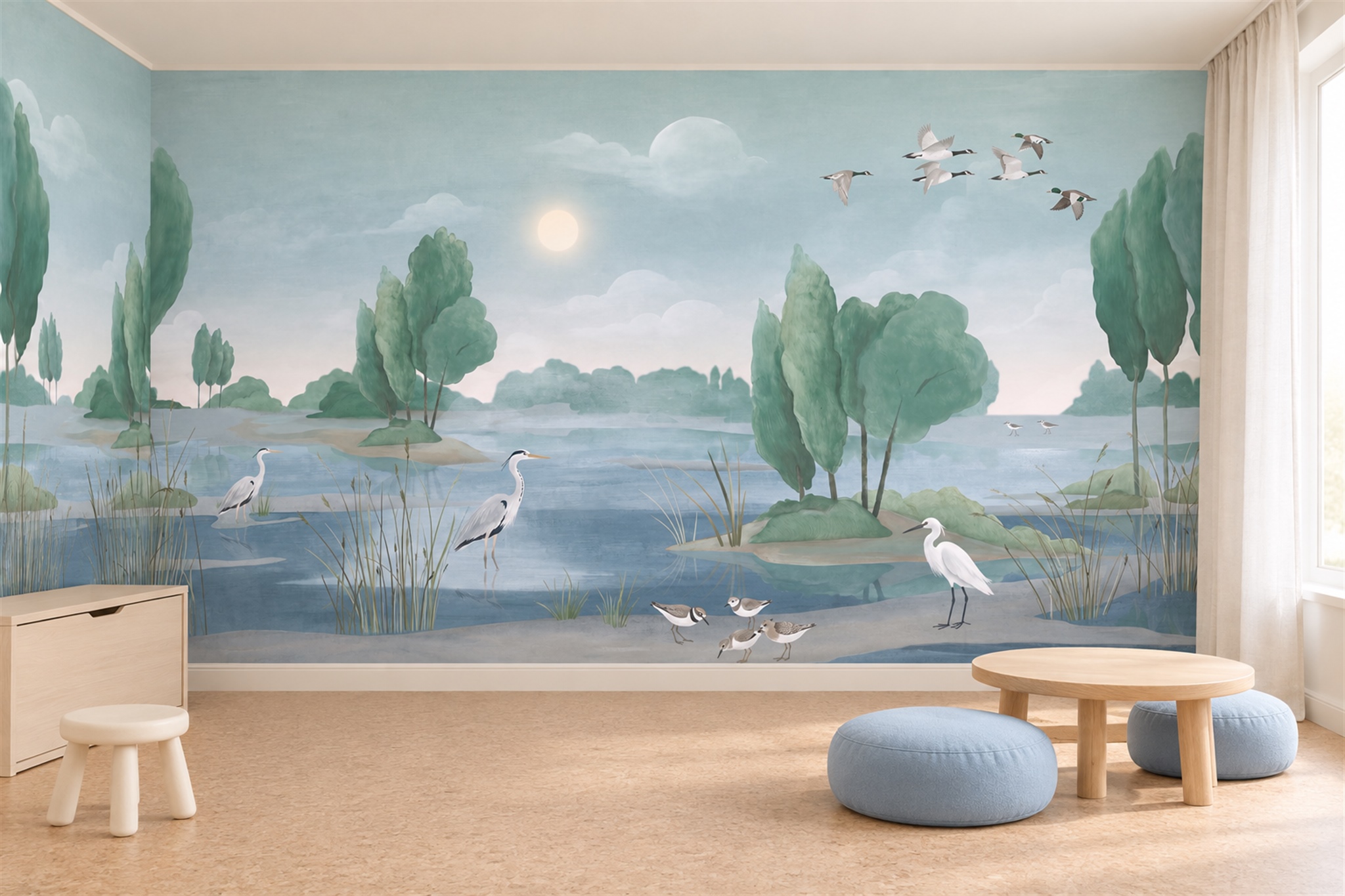 Aqua Heron Illustrated Wallpaper Mural Feature-wall-wallpaper-murals, Peel-and-stick Finish