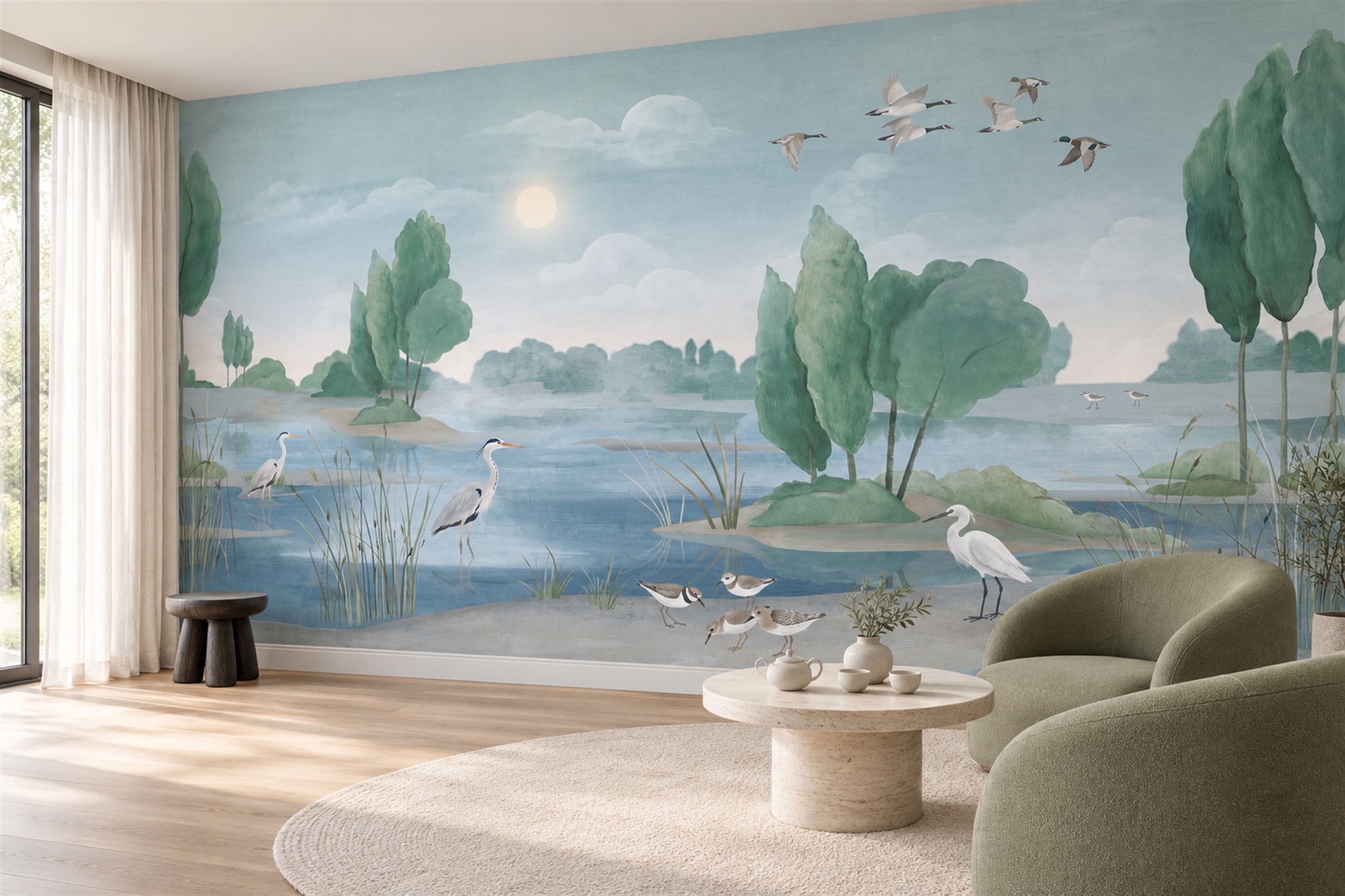 Aqua Heron Illustrated Wallpaper Mural Feature-wall-wallpaper-murals, Peel-and-stick Finish