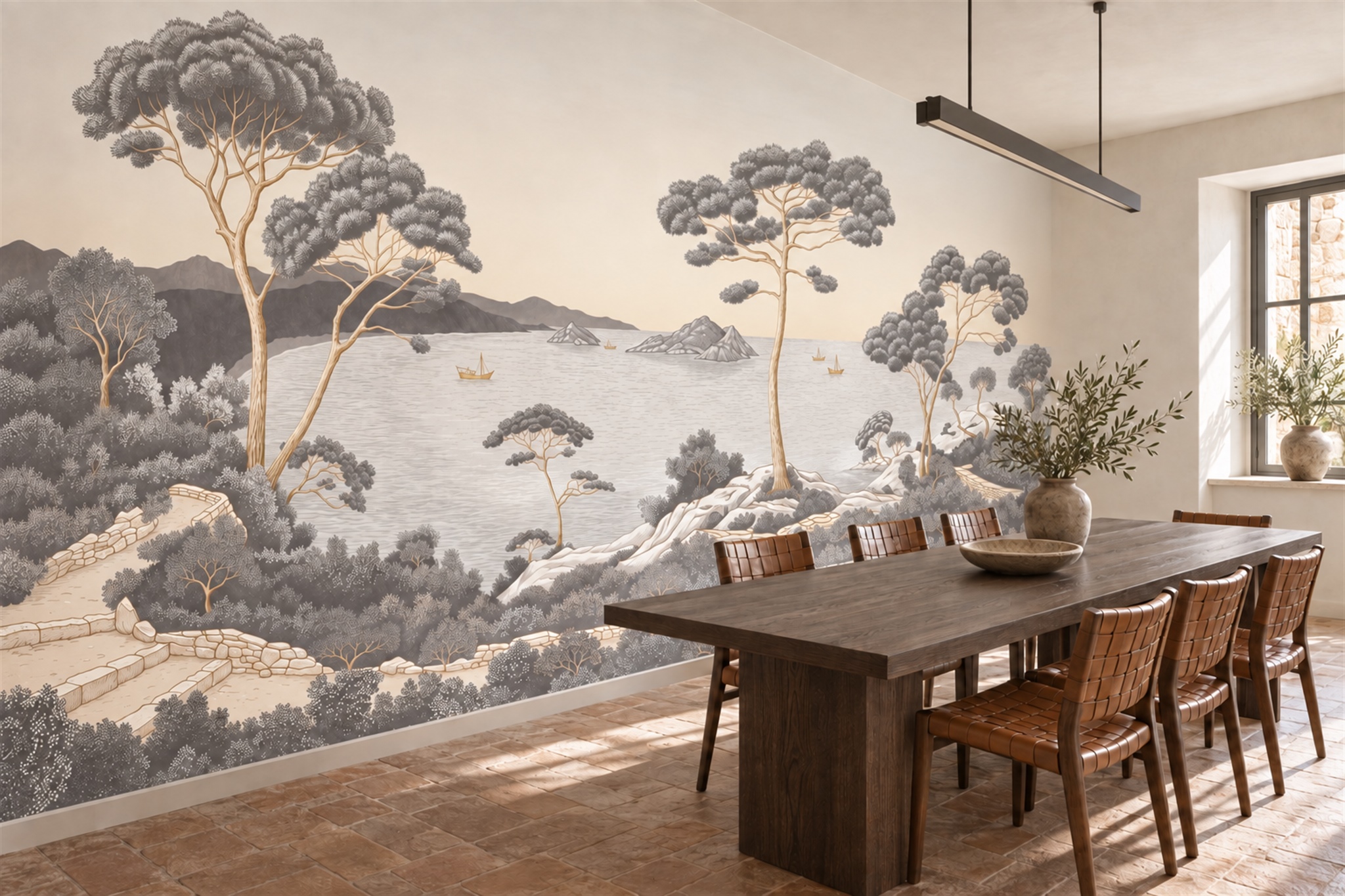 Grey Misty Artful Wallpaper Mural Dining-room-wallpaper-murals, Shown In A Dining Room, Peel-and-stick Finish
