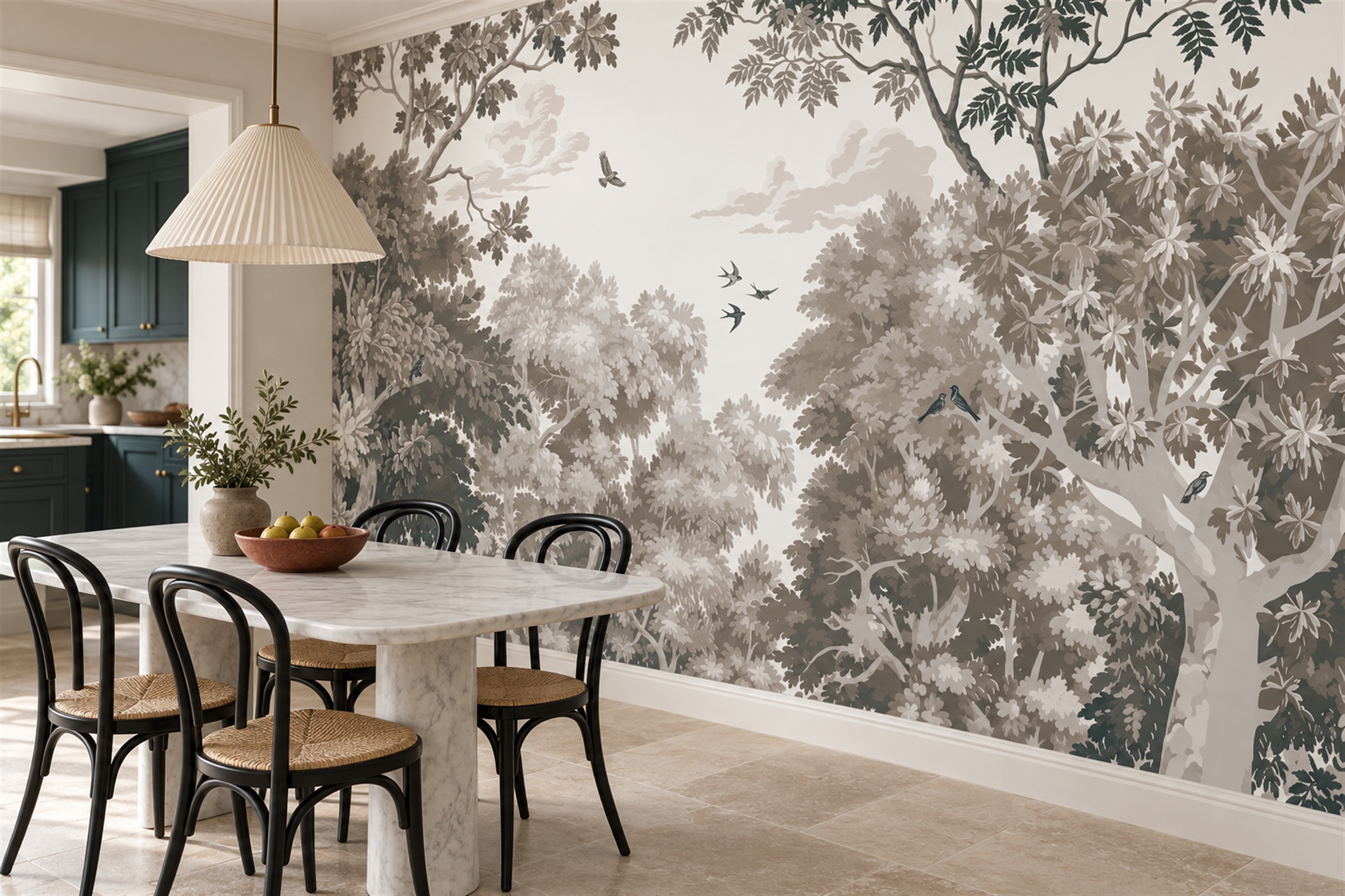 Taupe Tree Canopy And Birds On An Ivory Ground Wallpaper Mural — Wallpaper Mural Design, Peel-and-stick Finish