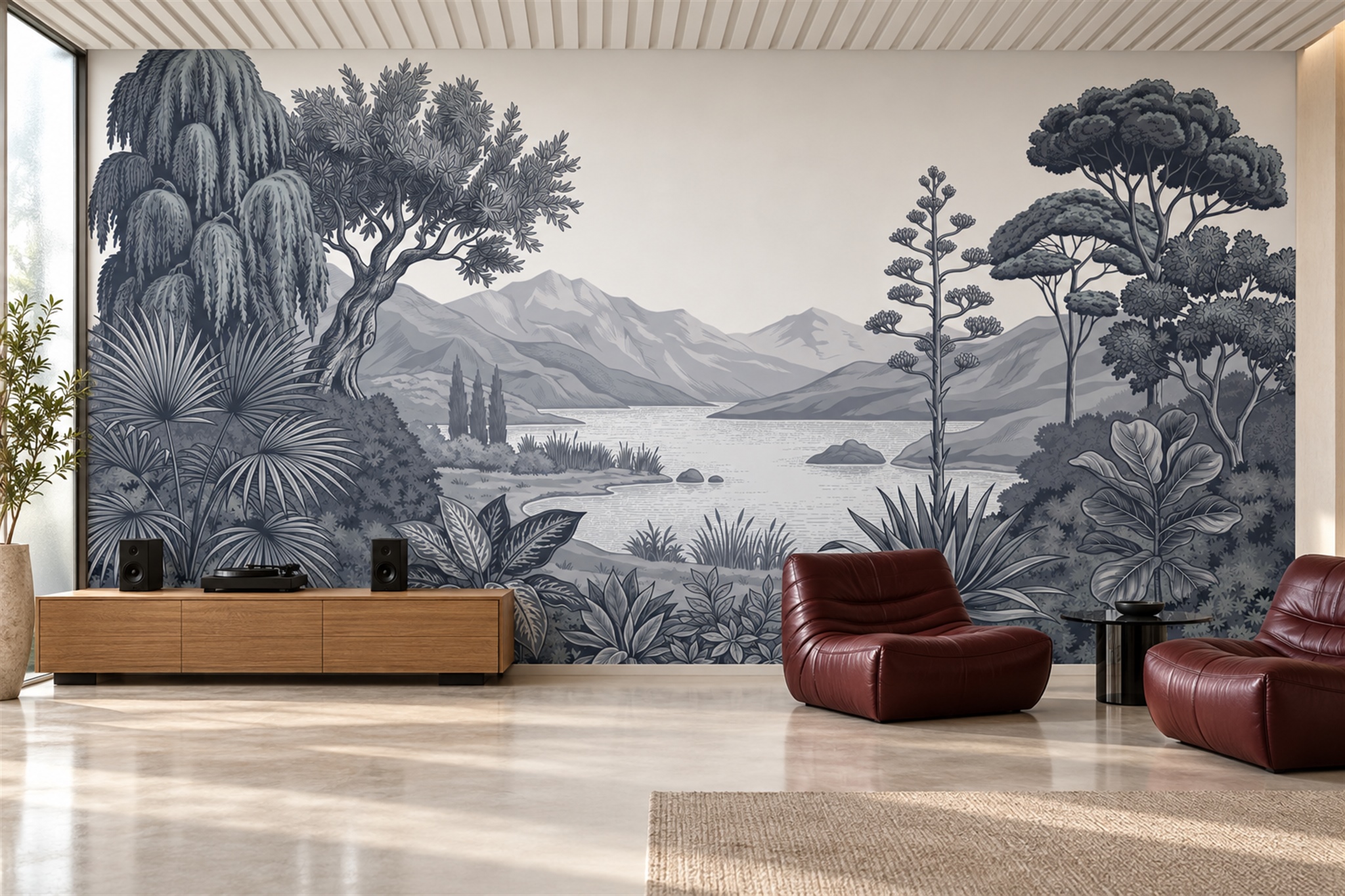 Blue Lake Scenic Painterly Wallpaper Mural, Peel-and-stick Finish