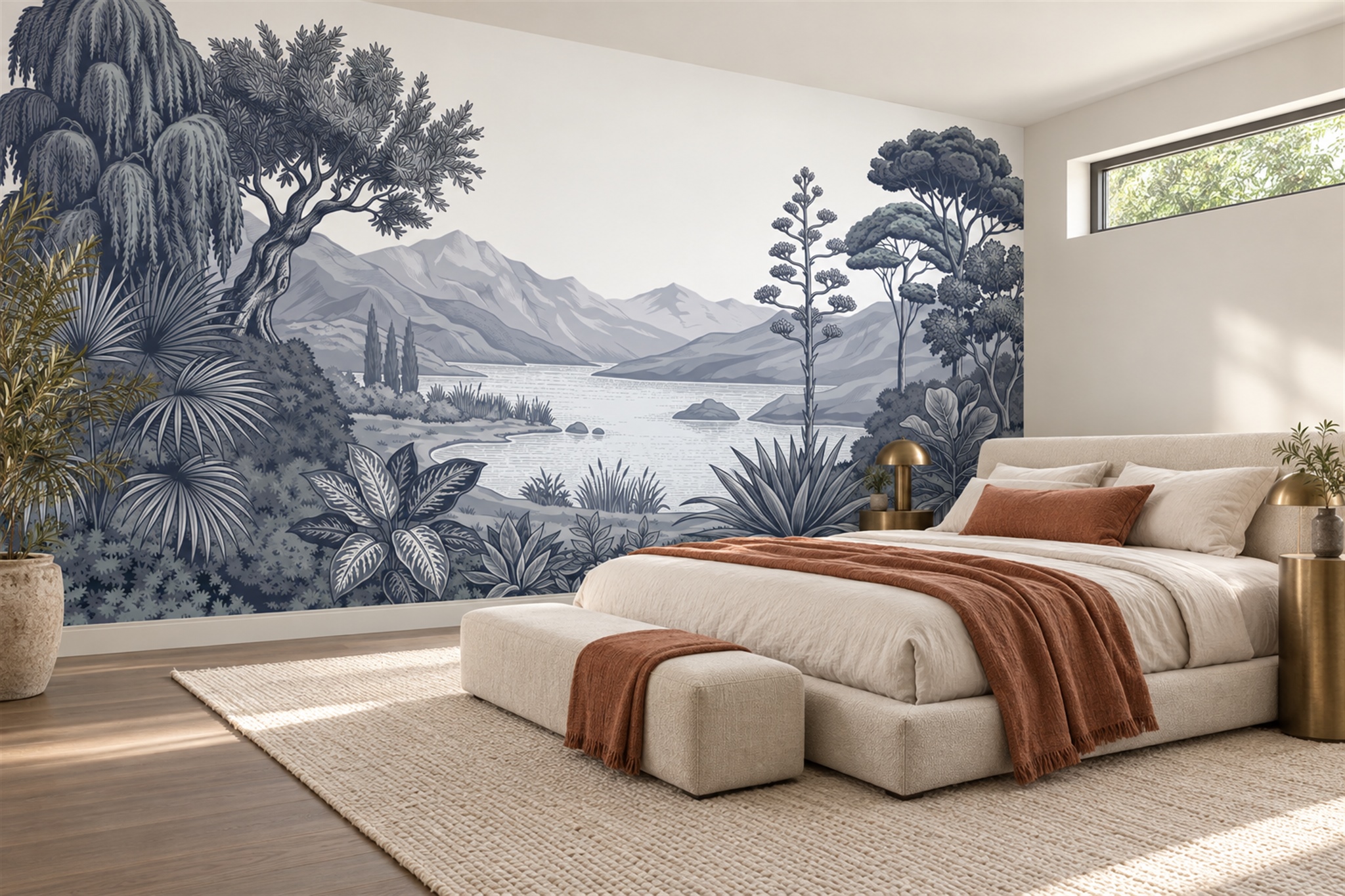Blue Lake Scenic Painterly Wallpaper Mural Bedroom-wallpaper-murals, Peel-and-stick Finish