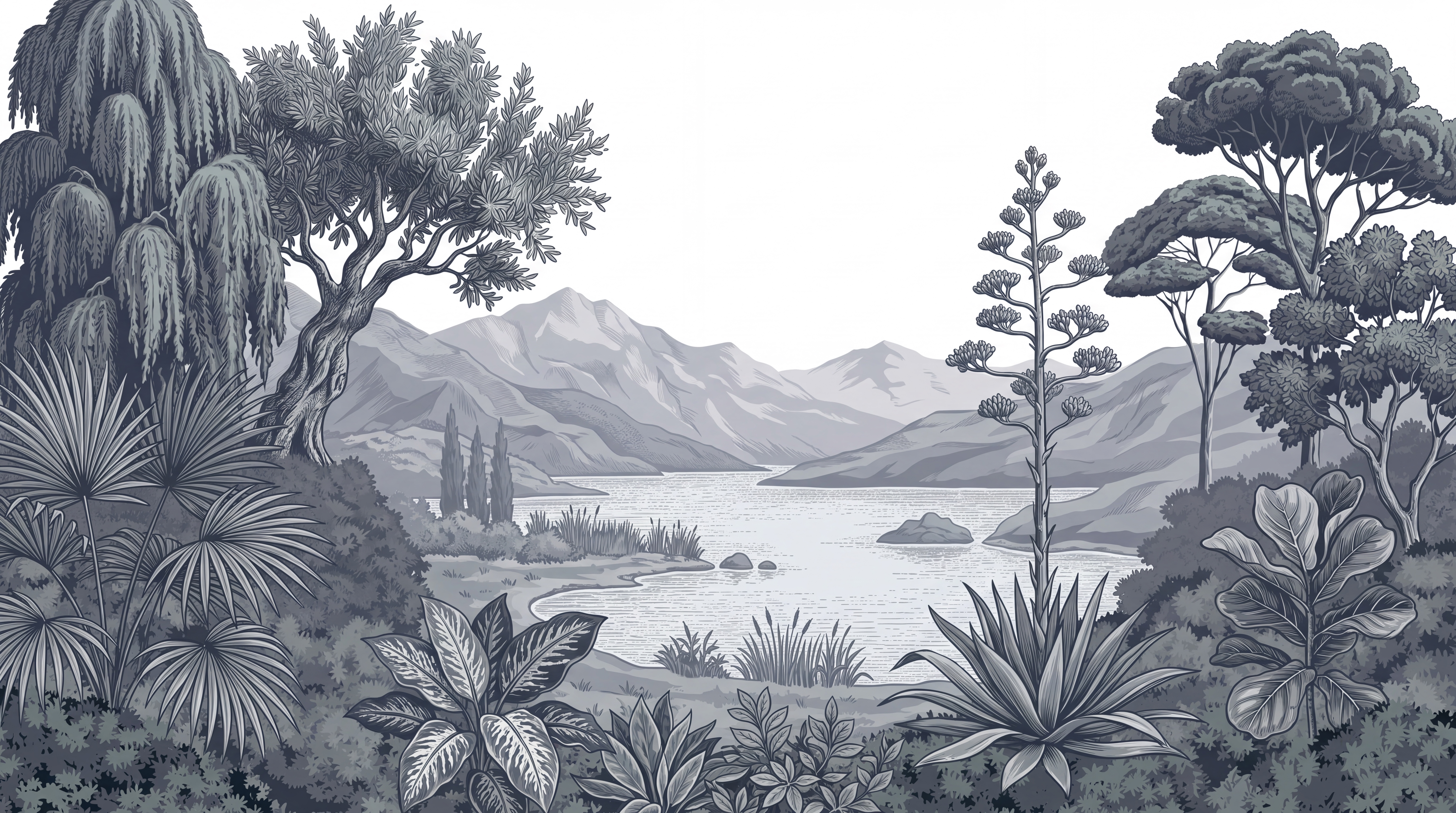 Blue Lake Scenic Painterly Wallpaper Mural, Peel-and-stick Finish