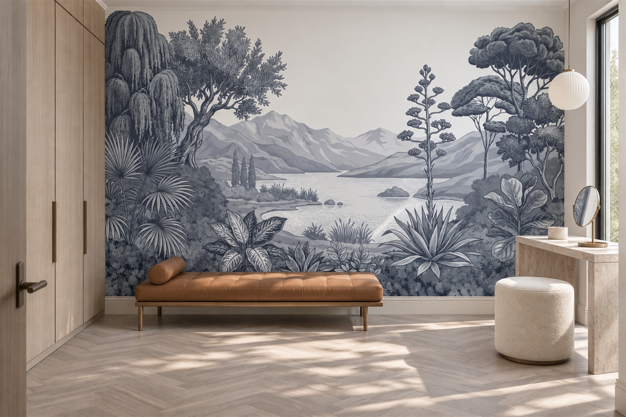 Blue Lake Scenic Painterly Wallpaper Mural Bedroom-wallpaper-murals, Peel-and-stick Finish