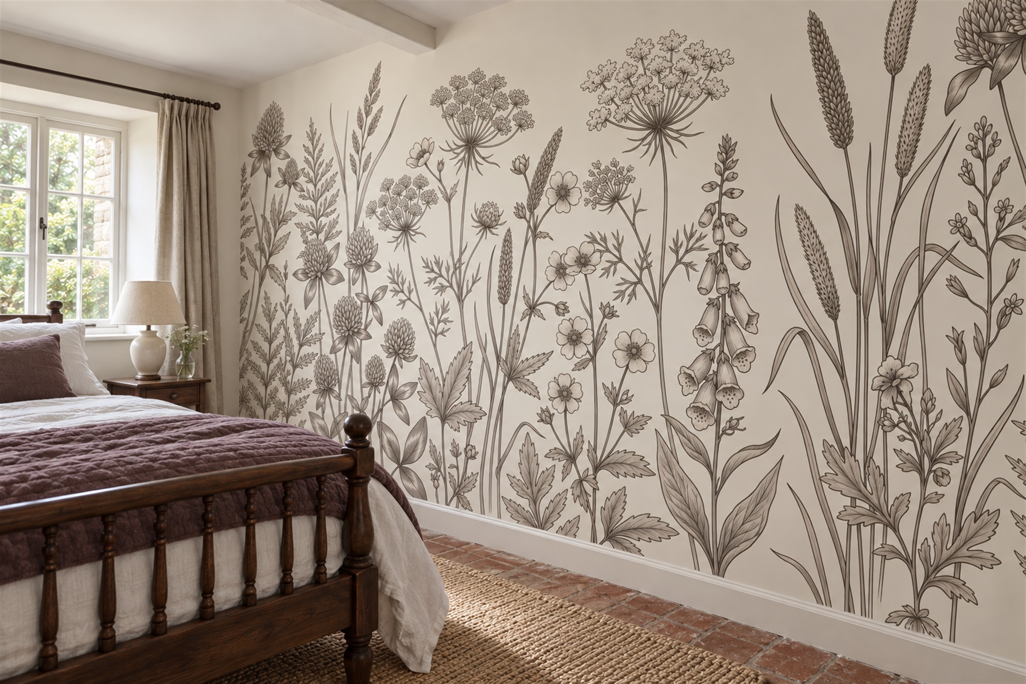 Taupe Botanical Botanical Wallpaper Mural Bedroom-wallpaper-murals, Peel-and-stick Finish