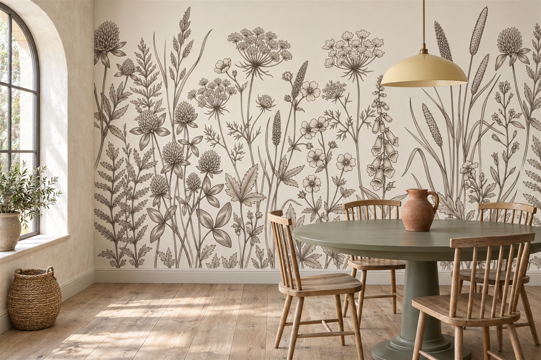 Taupe Meadow Flowers And Grasses Wallpaper Mural — Wallpaper Mural Design, Peel-and-stick Finish
