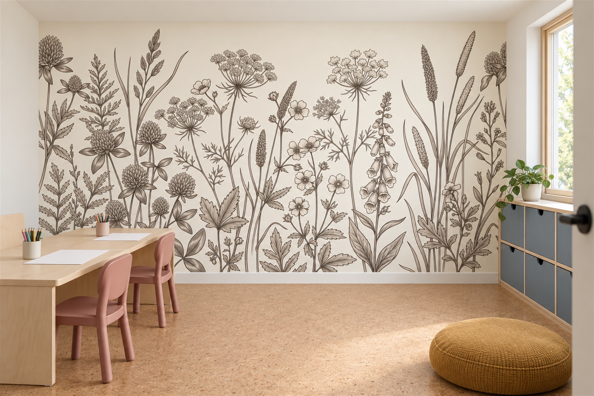 Taupe Botanical Botanical Wallpaper Mural Dining-room-wallpaper-murals, Peel-and-stick Finish