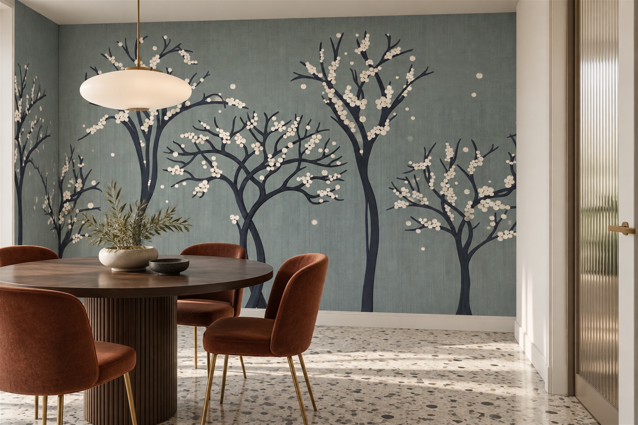 Sage Blossom Botanical Wallpaper Mural Dining-room-wallpaper-murals, Shown In A Dining Room, Peel-and-stick Finish