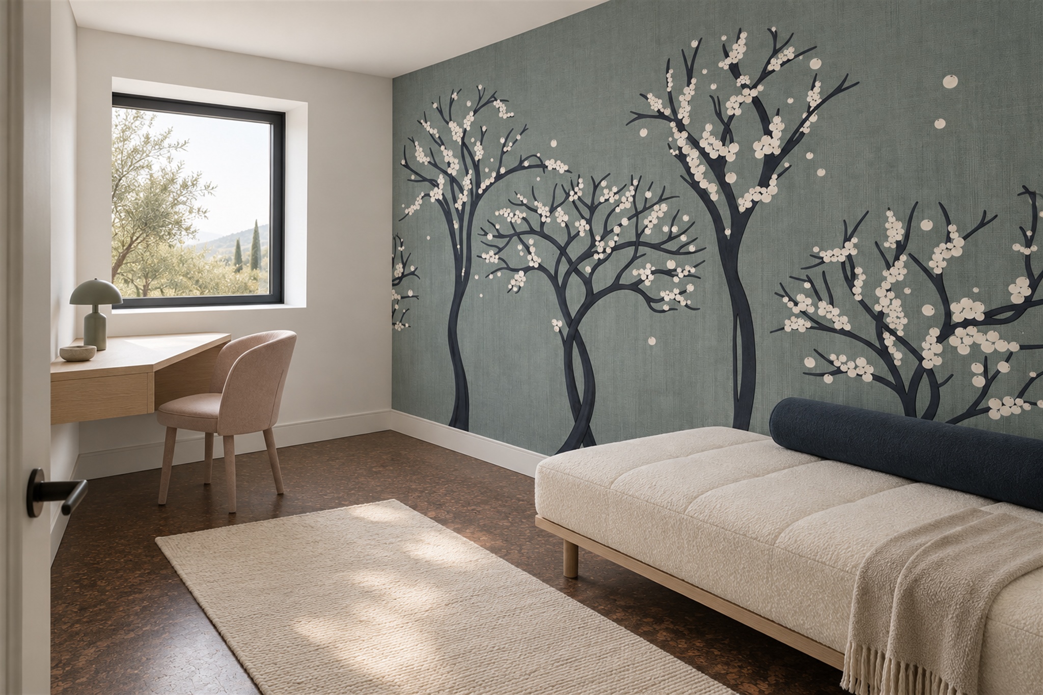 Sage Blossom Botanical Wallpaper Mural Accent-wall-wallpaper-murals, Peel-and-stick Finish
