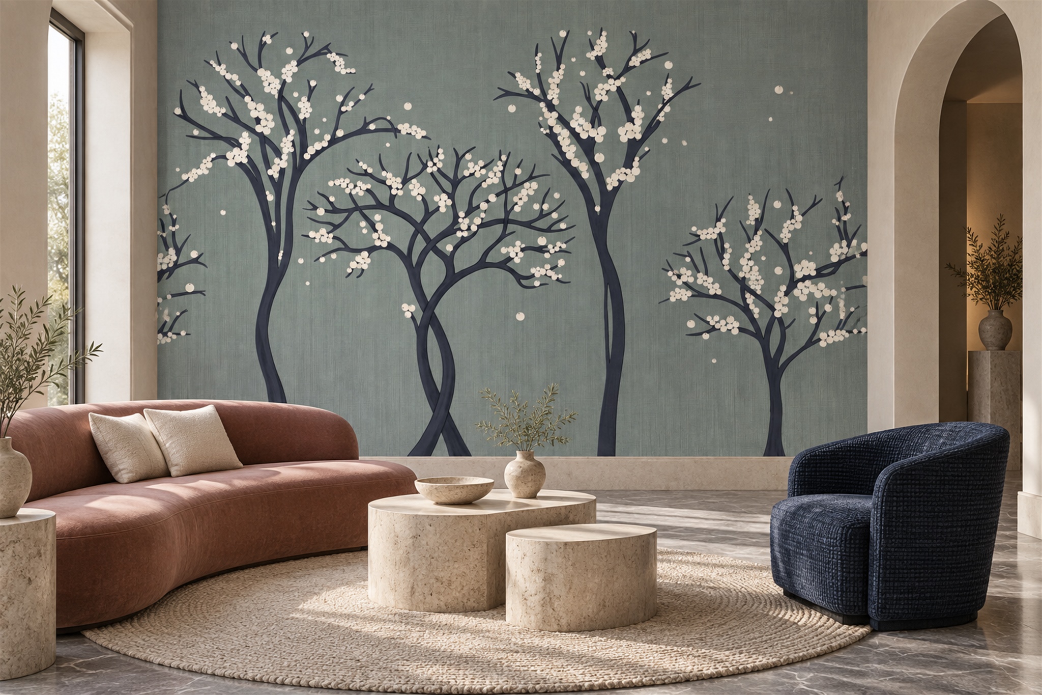 White Blossom Branches On Muted Sage Wallpaper Mural — Wallpaper Mural Design, Peel-and-stick Finish