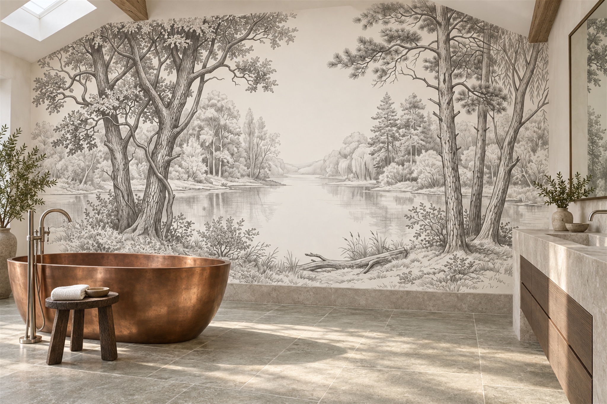 Grey River Scenic Wallpaper Mural Bathroom-wallpaper-murals, Peel-and-stick Finish