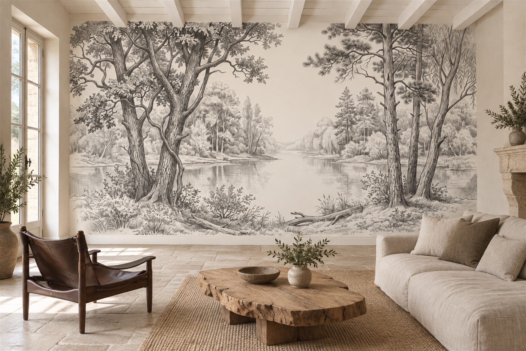Monochrome River Through A Tree-framed Woodland Wallpaper Mural — Wallpaper Mural Design, Peel-and-stick Finish