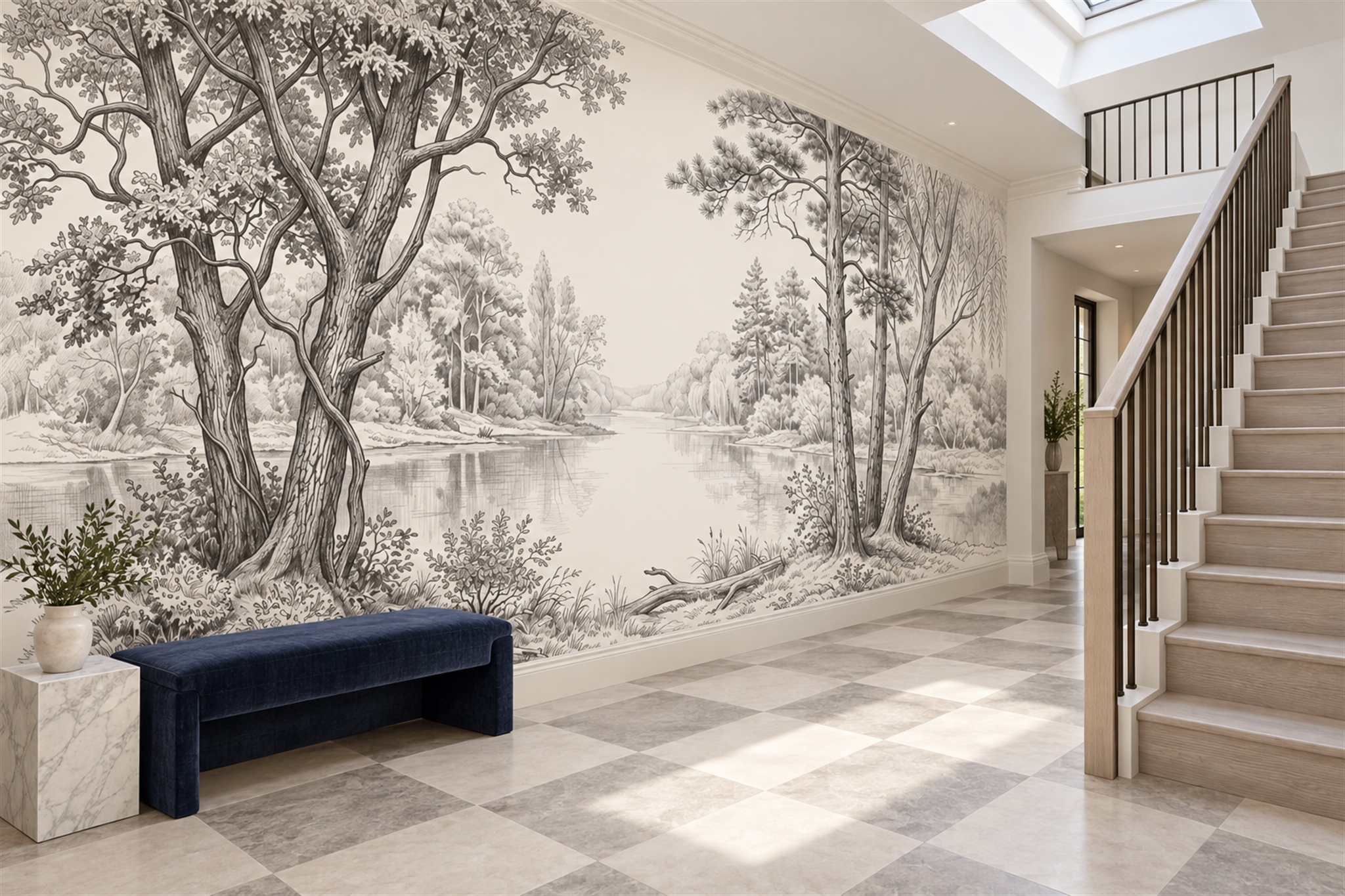 Grey River Scenic Wallpaper Mural Living-room-wallpaper-murals, Peel-and-stick Finish