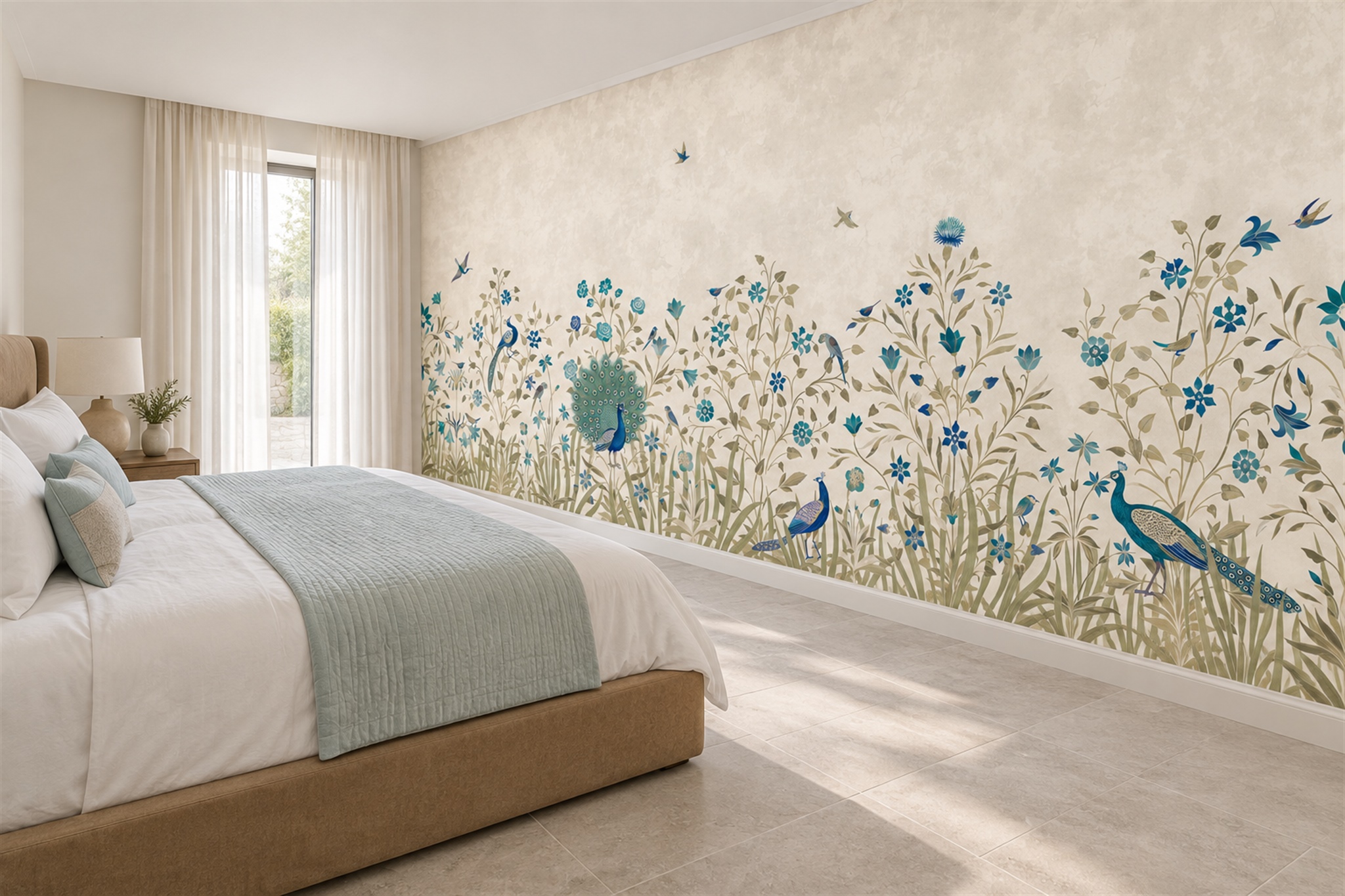 Blue Peacock Illustrated Wallpaper Mural Bedroom-wallpaper-murals, Peel-and-stick Finish
