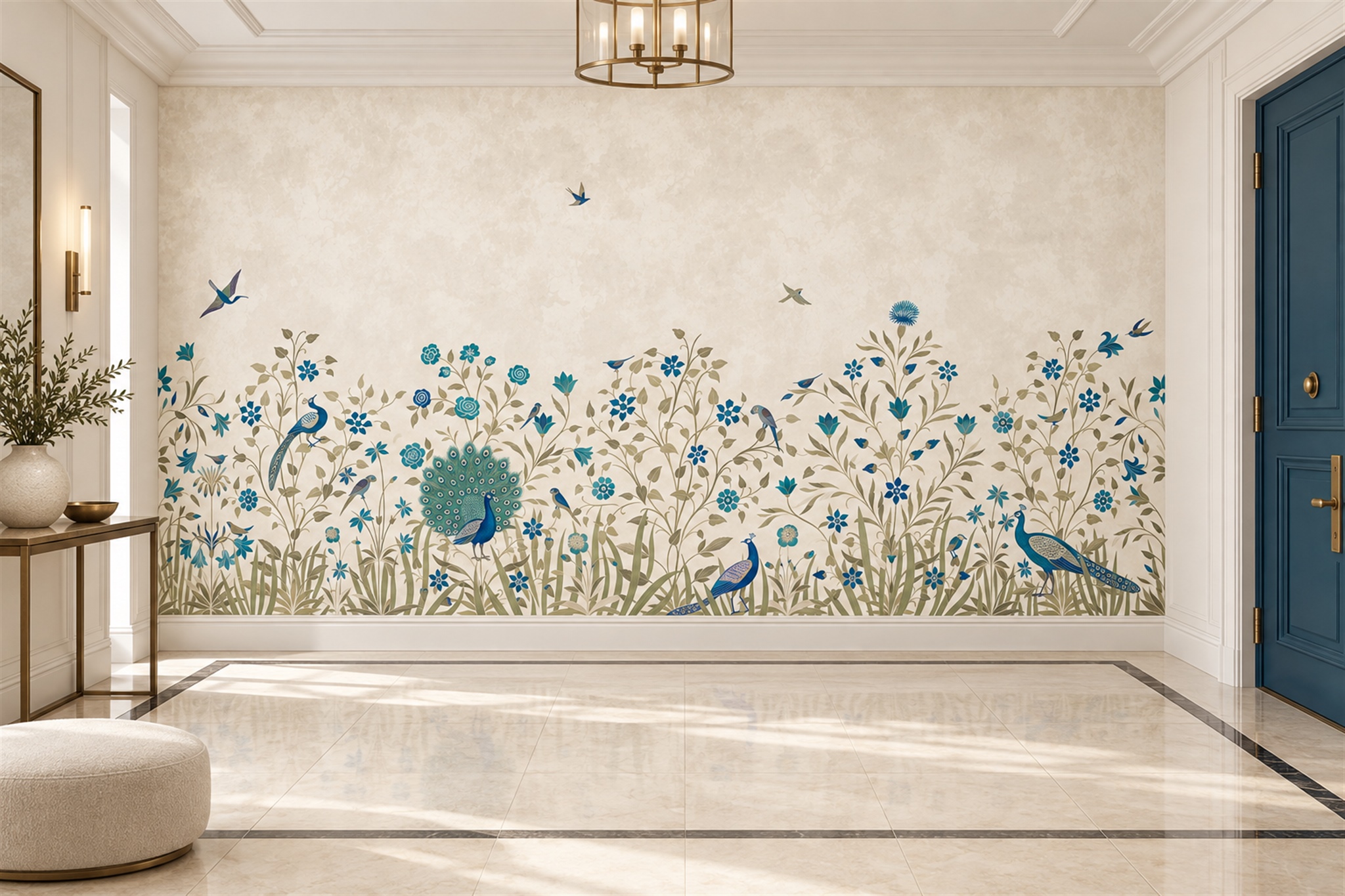 Blue Peacock Illustrated Wallpaper Mural Entryway-wallpaper-murals, Peel-and-stick Finish