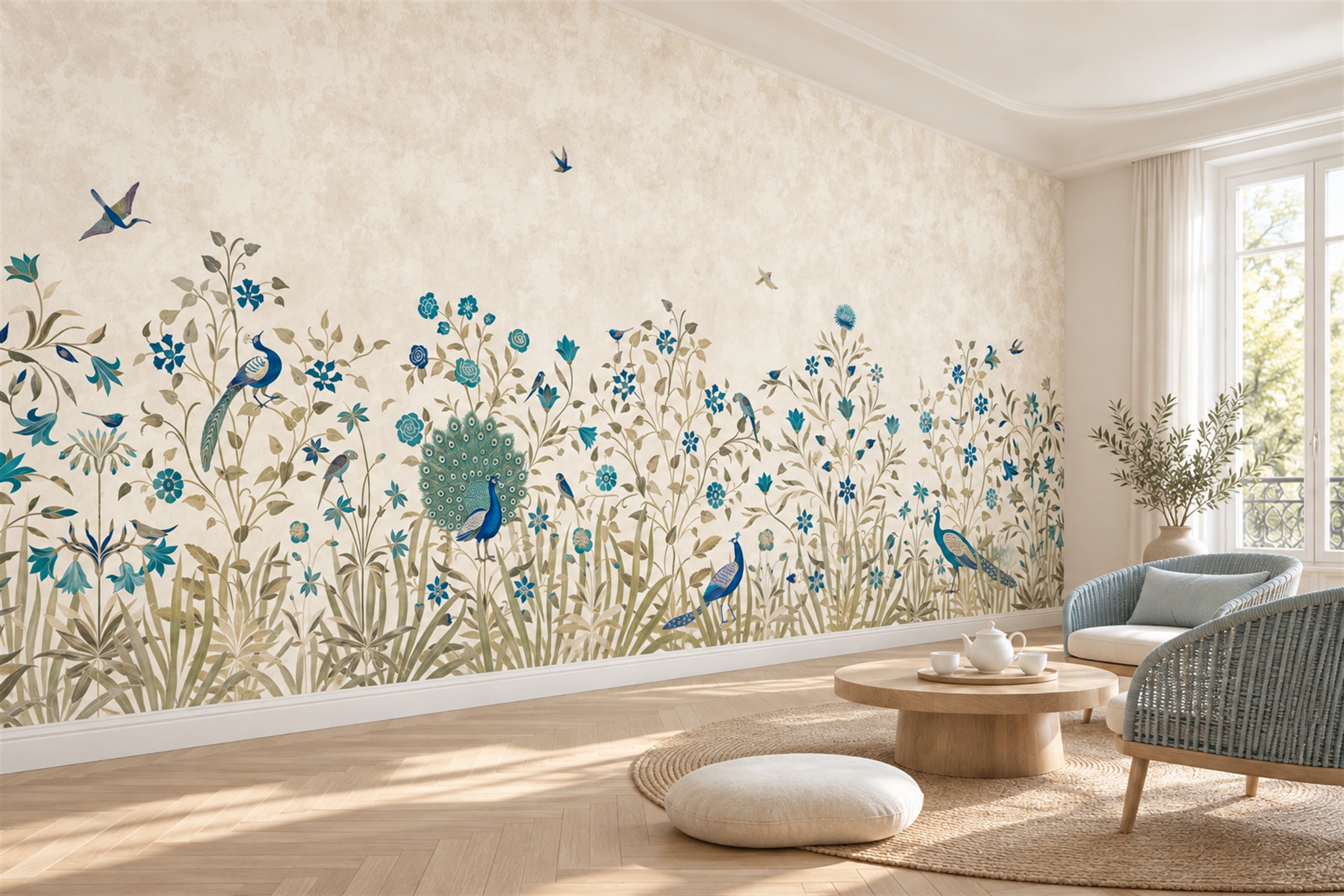 Blue Peacocks And Flowering Garden Wallpaper Mural — Wallpaper Mural Design, Peel-and-stick Finish