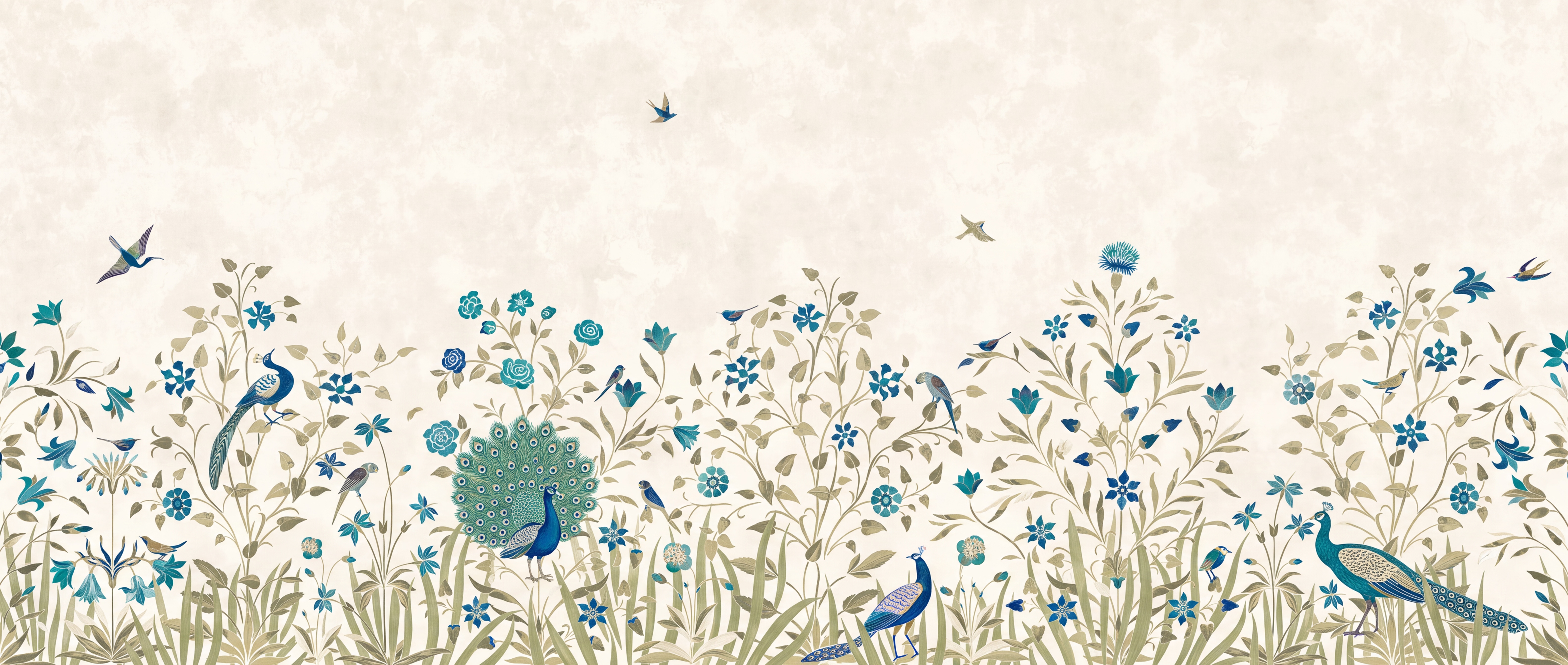 Blue Peacock Illustrated Wallpaper Mural Accent-wall-wallpaper-murals, Peel-and-stick Finish