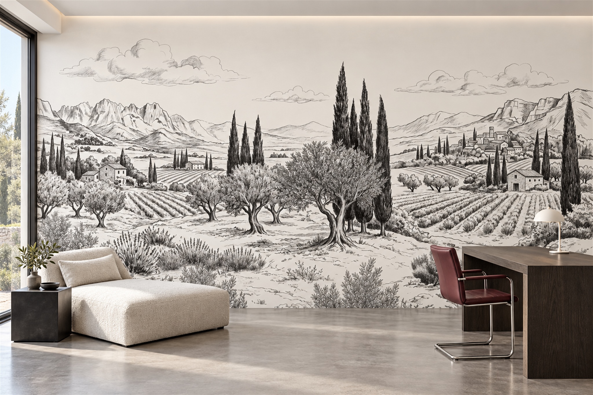 Grey Pattern Decorative Layered Wallpaper Mural Home-office-wallpaper-murals, Shown In A Home Office, Peel-and-stick Finish