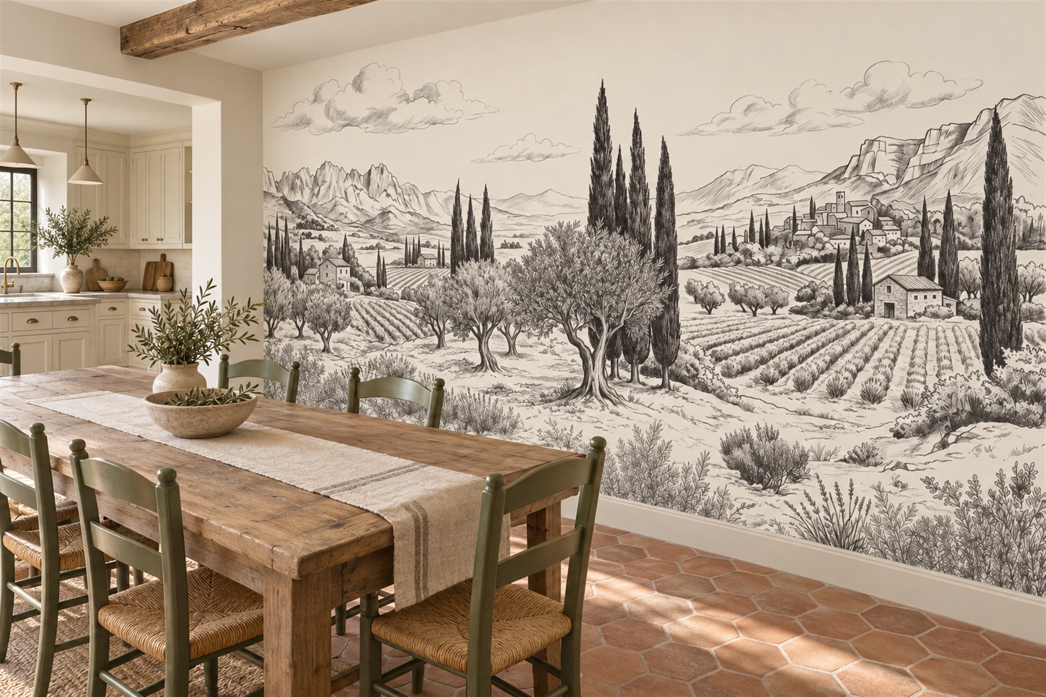 Tuscan Olive Groves, Cypress Rows And Mountain Village Wallpaper Mural — Wallpaper Mural Design, Peel-and-stick Finish