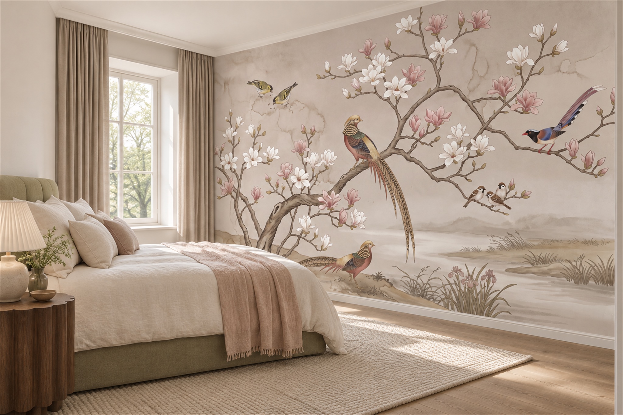 Blush Bird Illustrated Wallpaper Mural Bedroom-wallpaper-murals, Peel-and-stick Finish