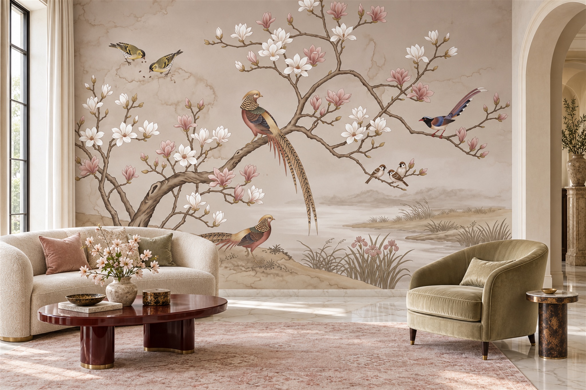 Blush Magnolia Branches And Birds Over A Misty Marsh Wallpaper Mural — Installed Wallpaper Mural In A Bedroom, Peel-and-stick Finish