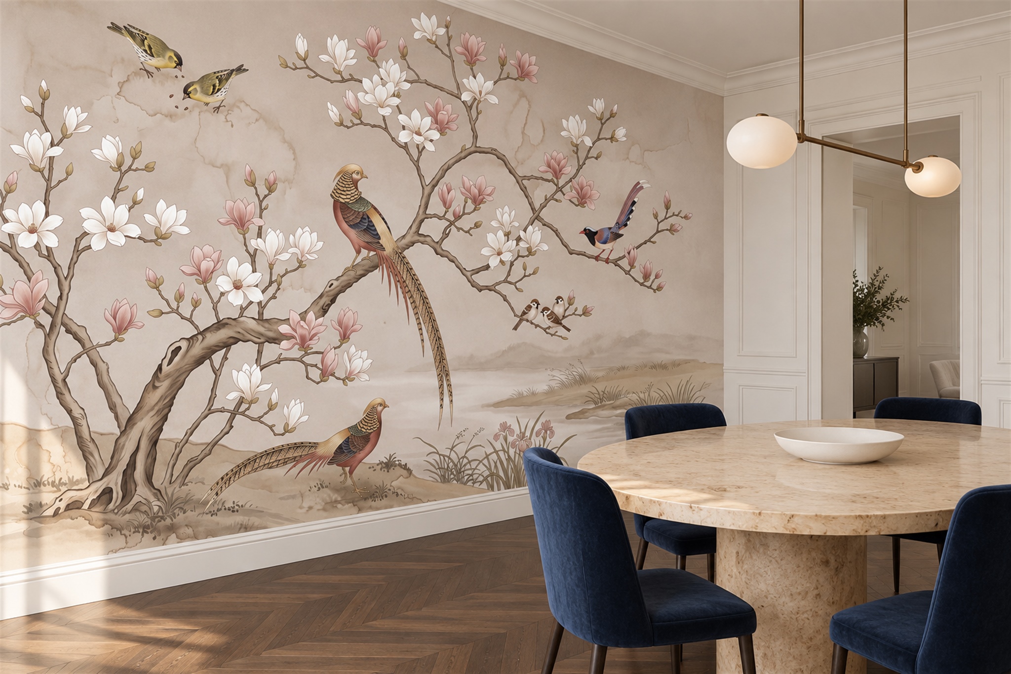 Blush Bird Illustrated Wallpaper Mural, Peel-and-stick Finish