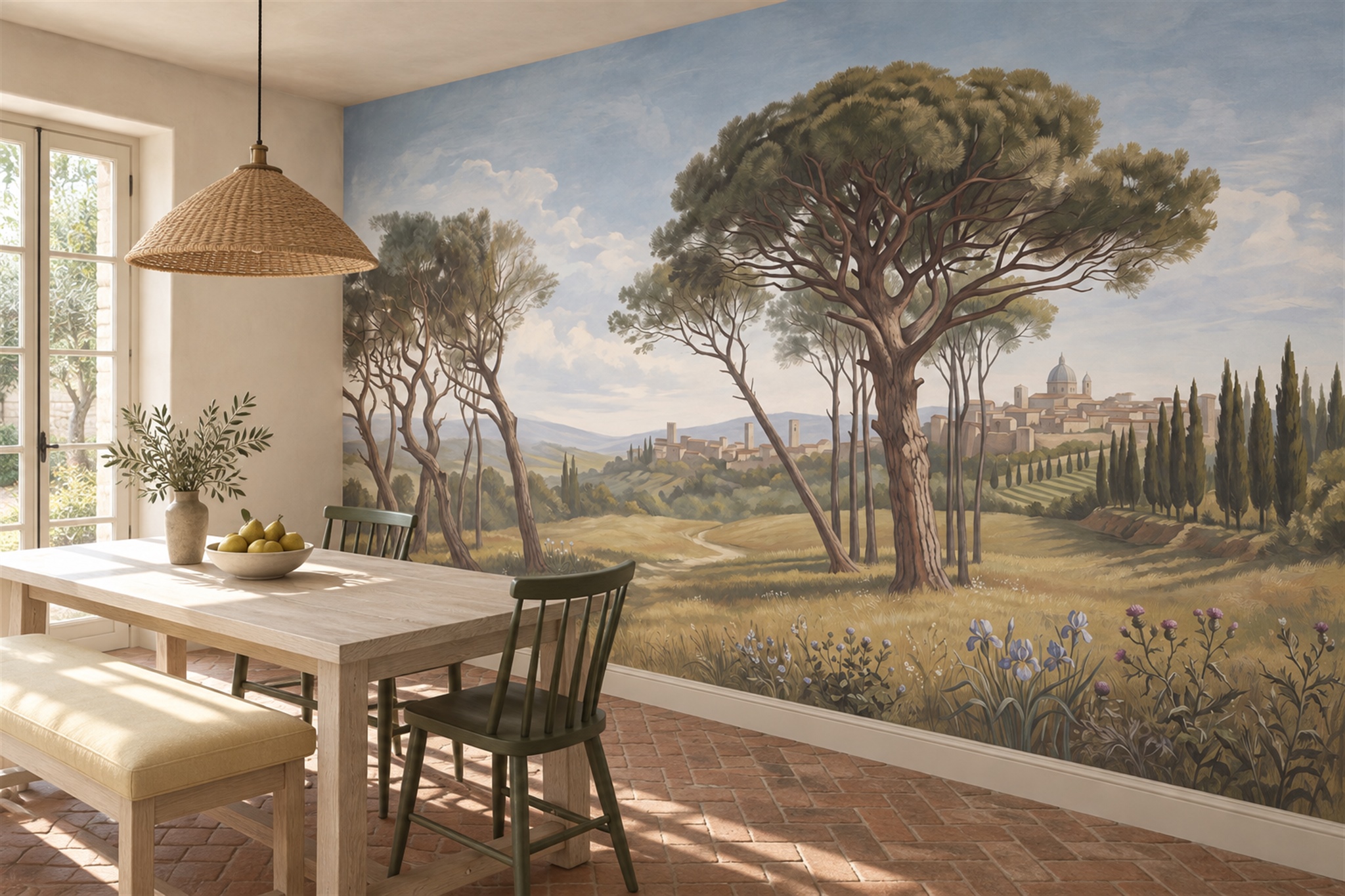 Olive Landscape Scenic Wallpaper Mural Dining-room-wallpaper-murals, Shown In A Dining Room, Peel-and-stick Finish