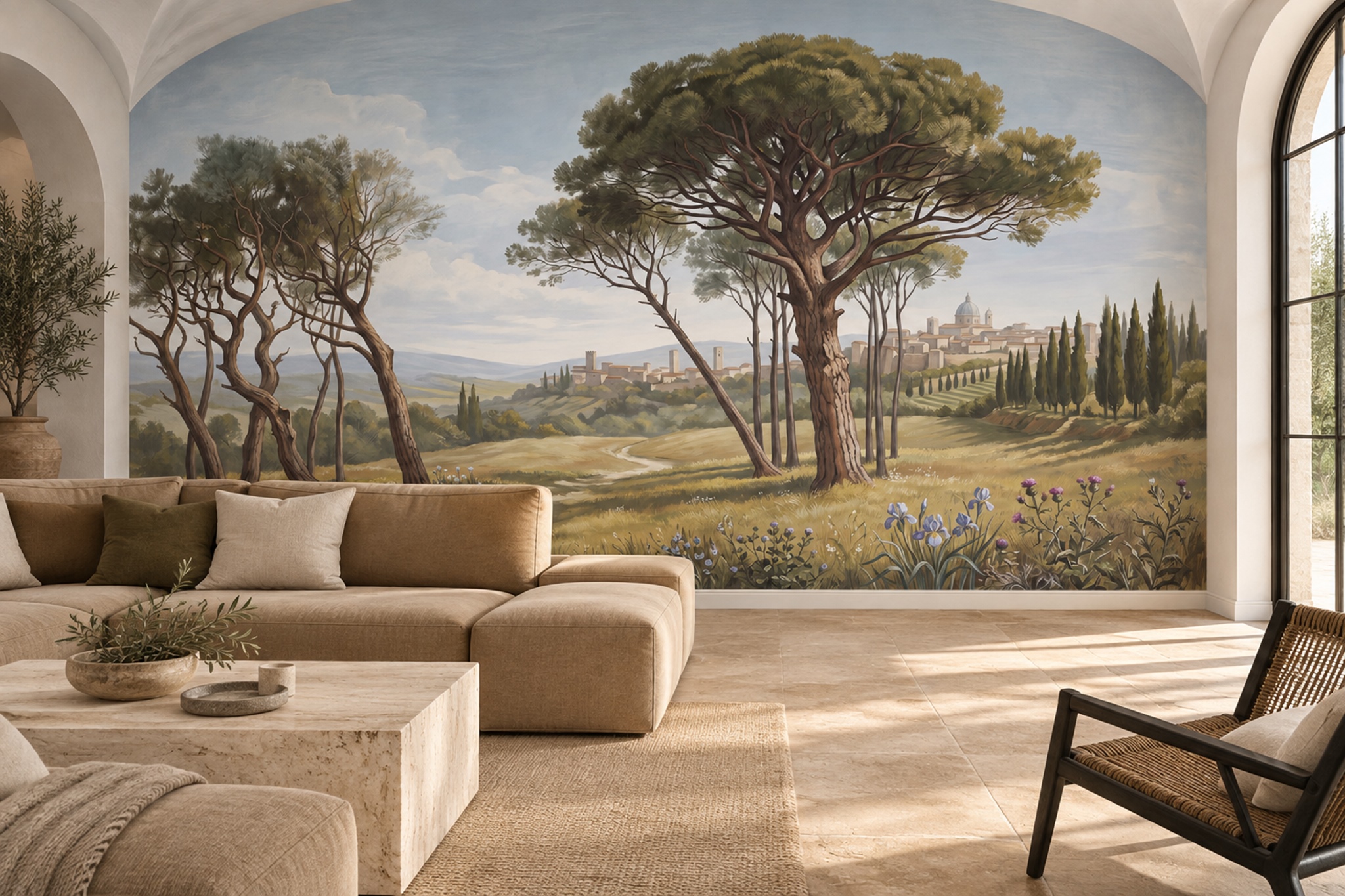 Tuscan Umbrella Pines, Cypress Road And Hilltop Village Wallpaper Mural — Wallpaper Mural Design, Peel-and-stick Finish